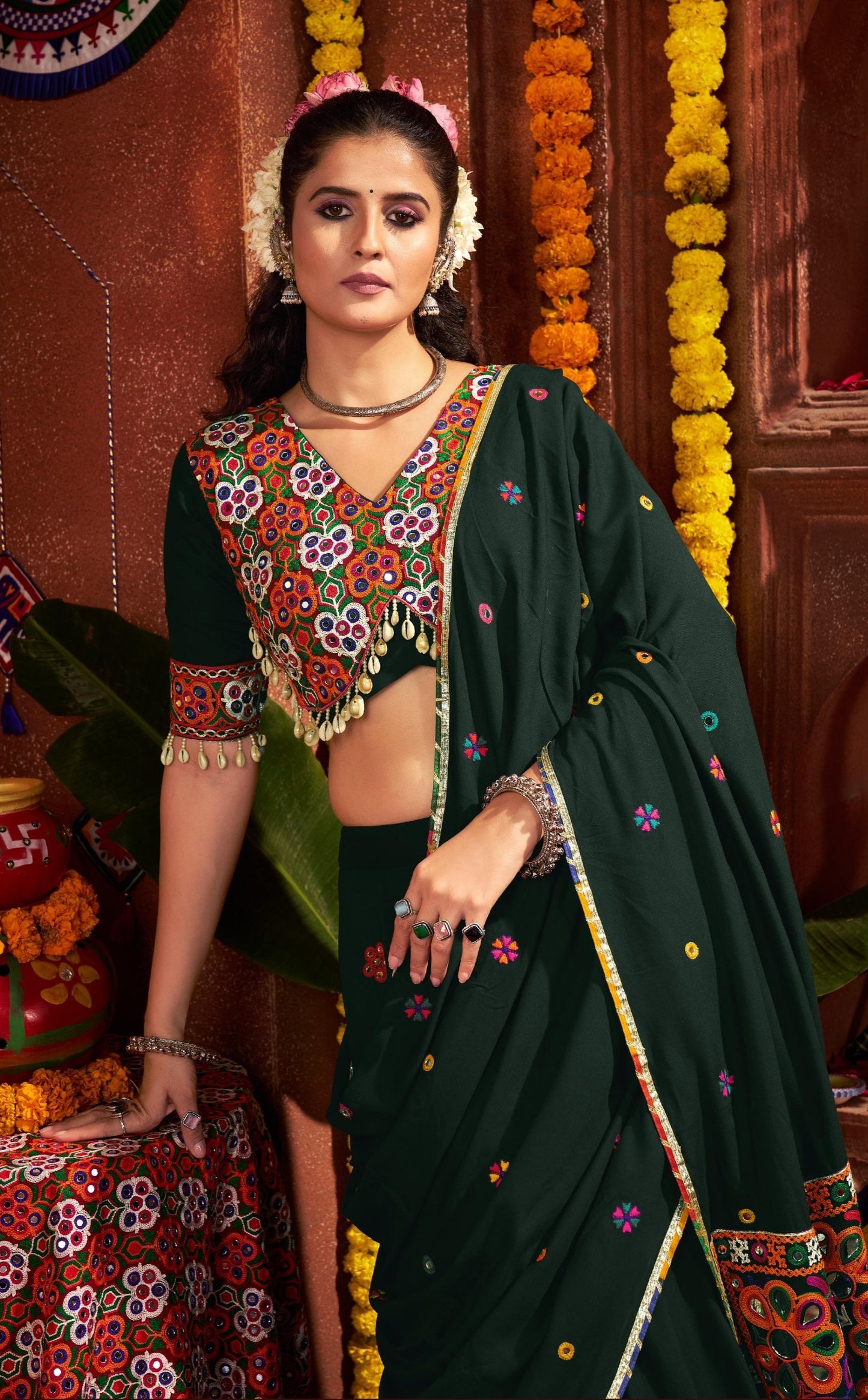 Green Viscose Cotton Print Jacquard Kutchi & Mirror Work Navratri Lehenga