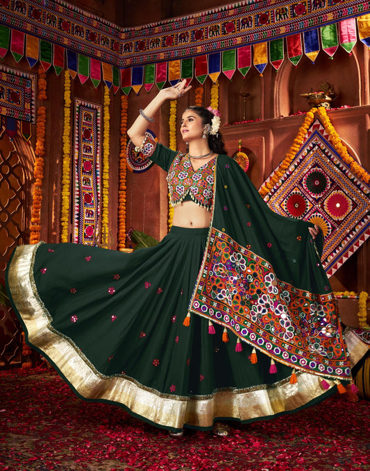 Green Viscose Cotton Print Jacquard Kutchi & Mirror Work Navratri Lehenga
