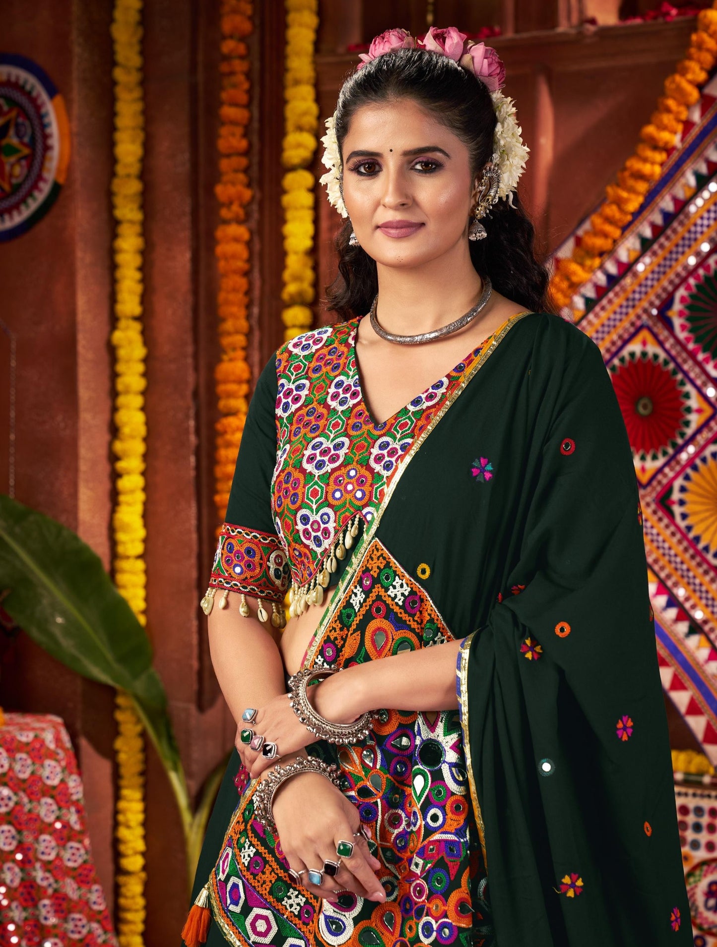 Green Viscose Cotton Print Jacquard Kutchi & Mirror Work Navratri Lehenga