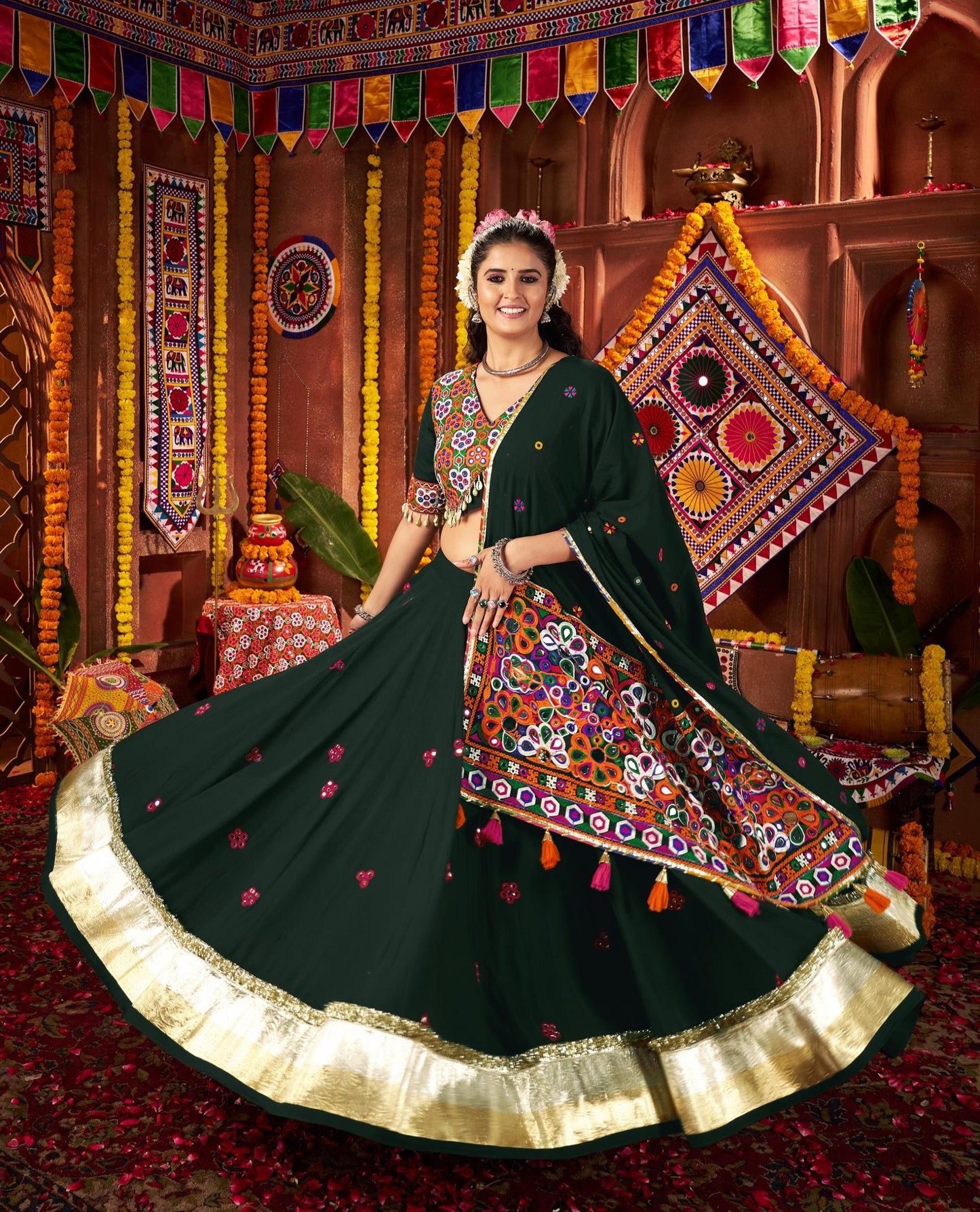Green Viscose Cotton Print Jacquard Kutchi & Mirror Work Navratri Lehenga