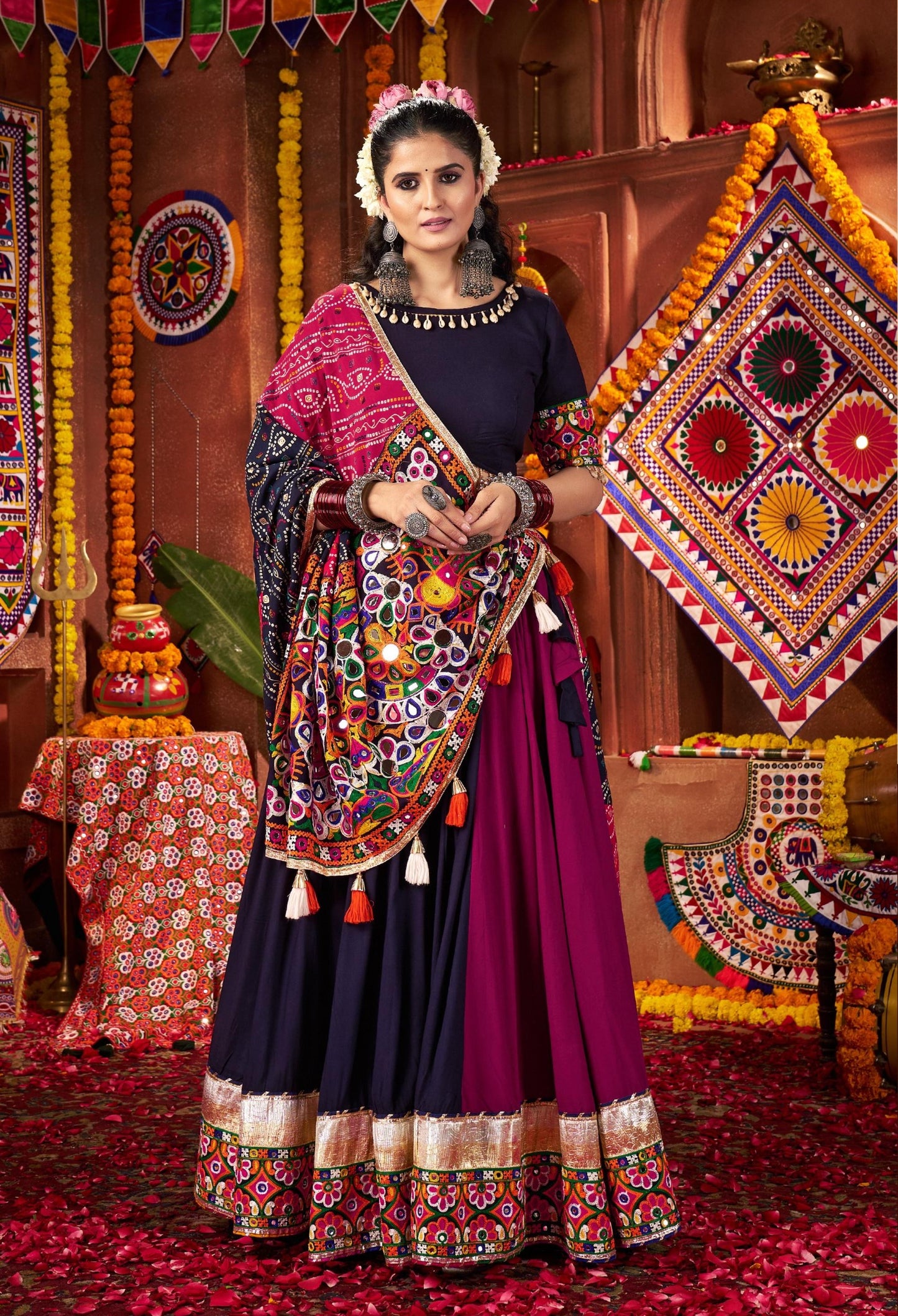 Multi Color Viscose Cotton Print Mirror Work  & Jacquard Kutchi Work Navratri Lehenga
