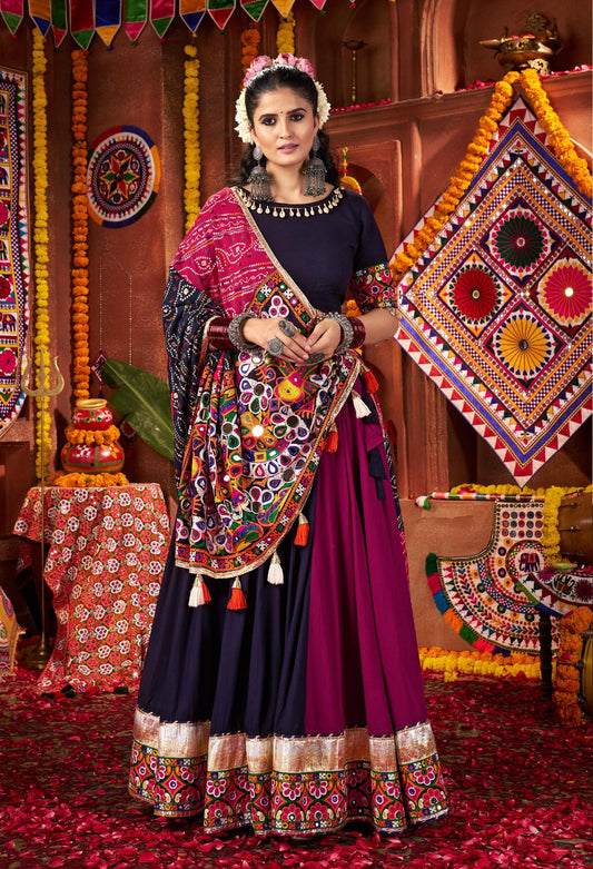 Multi Color Viscose Cotton Print Mirror Work  & Jacquard Kutchi Work Navratri Lehenga