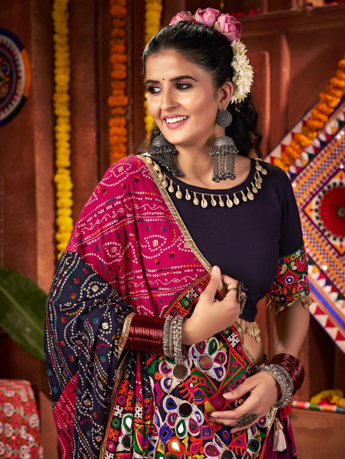 Multi Color Viscose Cotton Print Mirror Work  & Jacquard Kutchi Work Navratri Lehenga