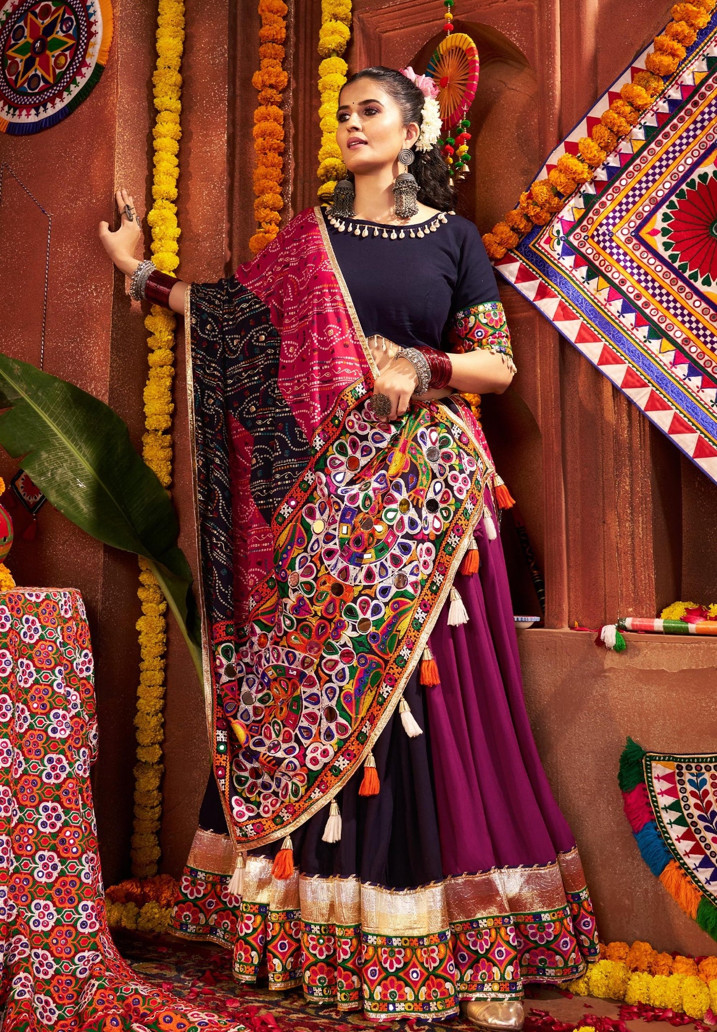 Multi Color Viscose Cotton Print Mirror Work  & Jacquard Kutchi Work Navratri Lehenga