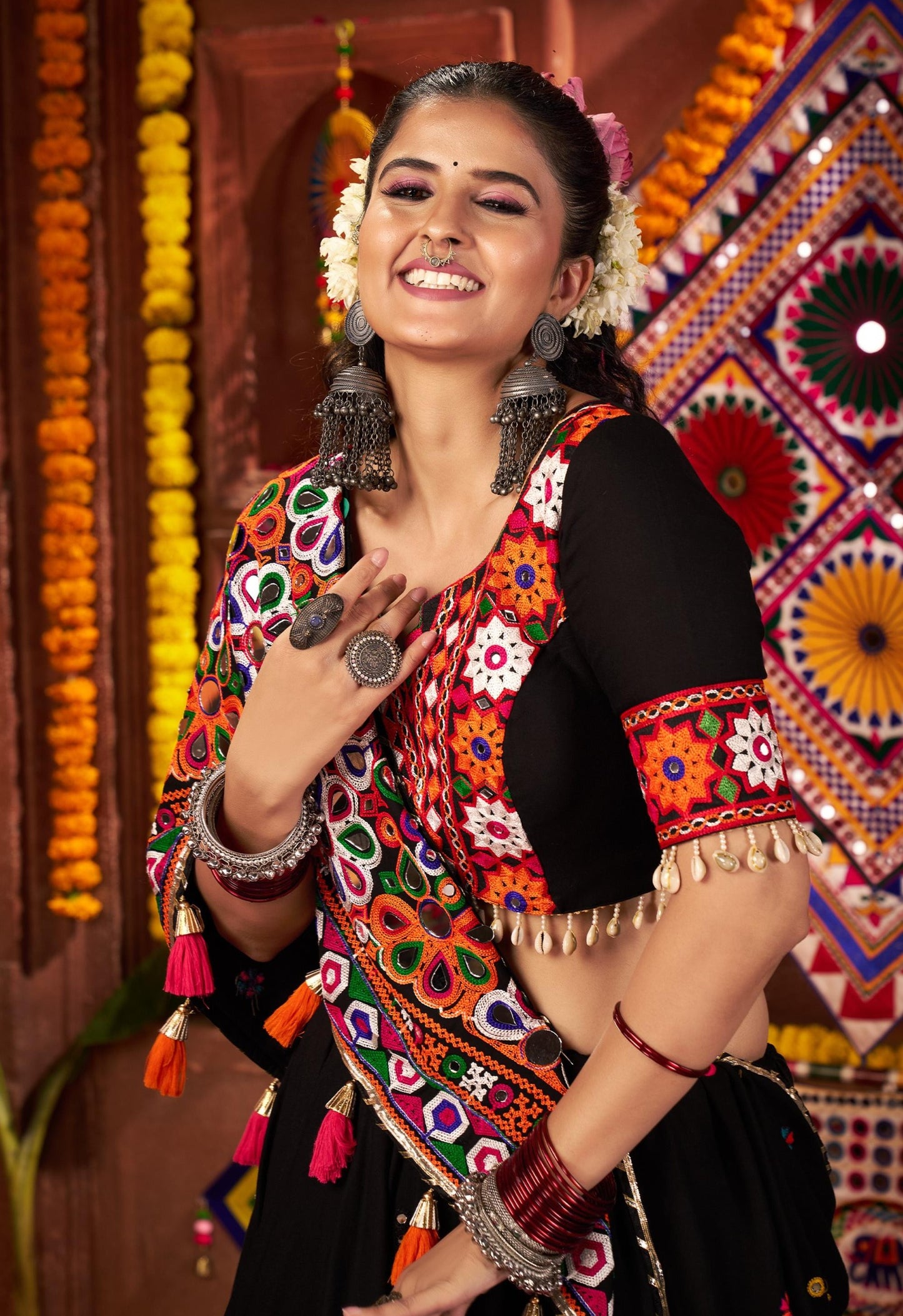 Black Viscose Cotton Jacquard Kutchi & Mirror Work Navratri Lehenga