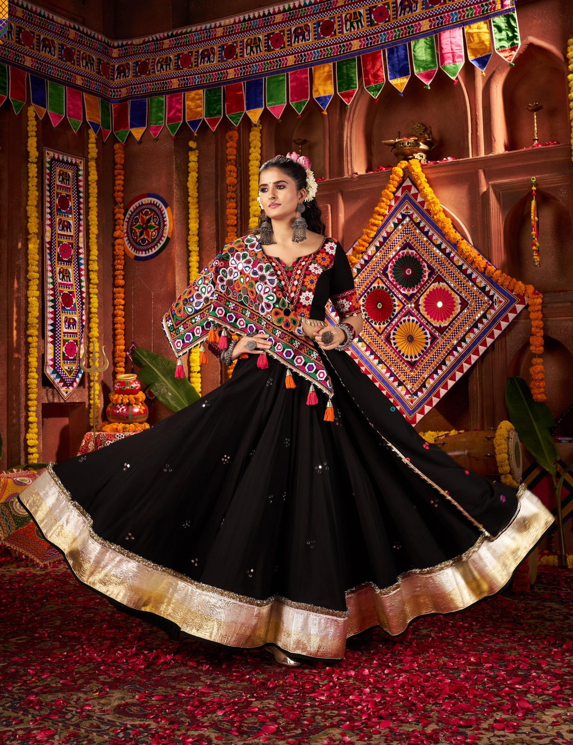 Black Viscose Cotton Jacquard Kutchi & Mirror Work Navratri Lehenga -Bhvk  11087 – Mohi fashion