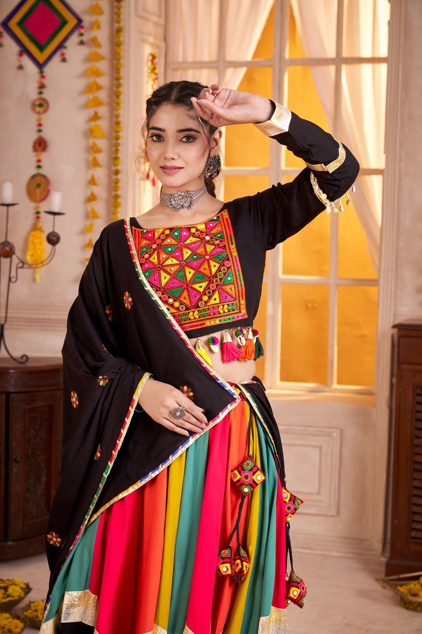 Black with Multi Color Viscose Cotton Mirror Work Navratri Lehenga