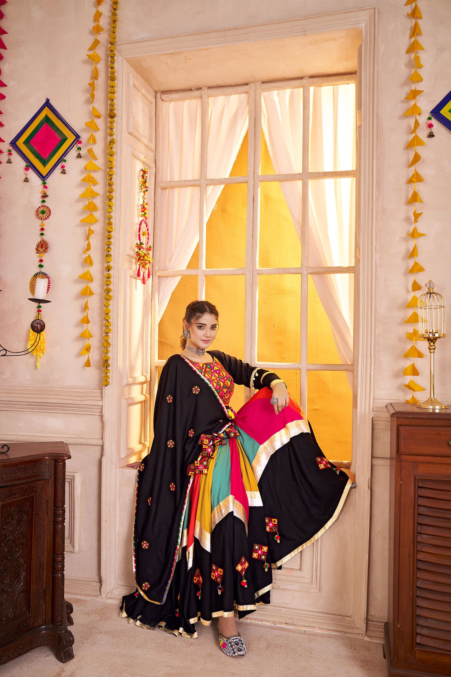 Black with Multi Color Viscose Cotton Mirror Work Navratri Lehenga