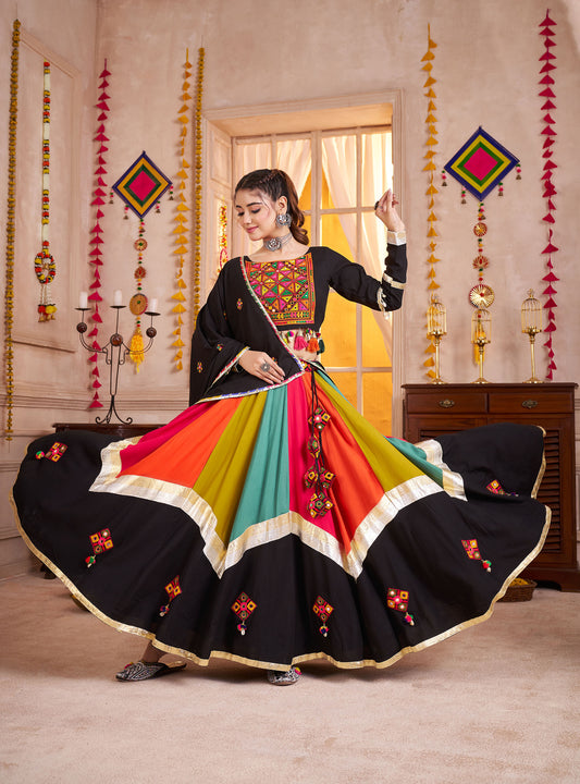 Black with Multi Color Viscose Cotton Mirror Work Navratri Lehenga