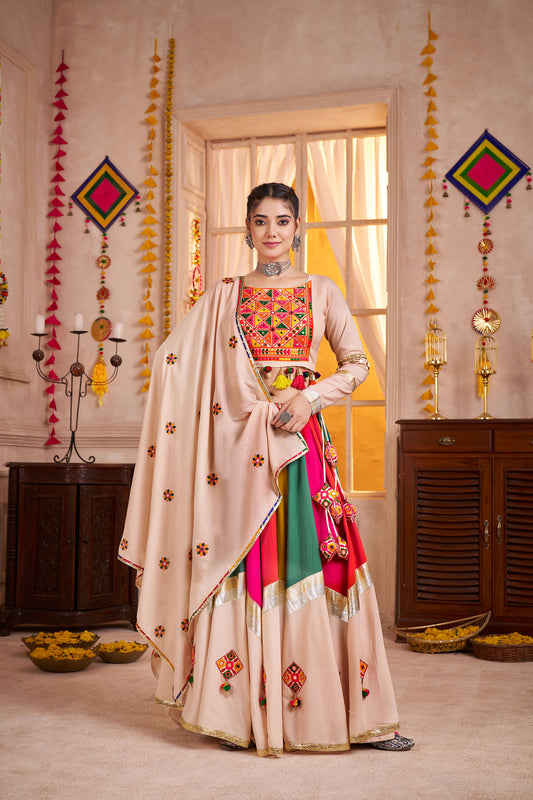 Beige with Multi Color Viscose Cotton Mirror Work Navratri Lehenga