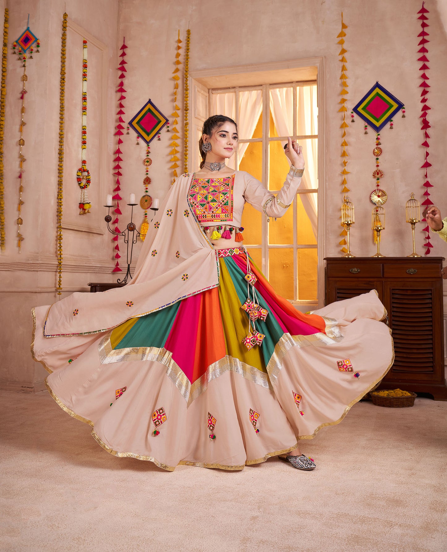 Beige with Multi Color Viscose Cotton Mirror Work Navratri Lehenga