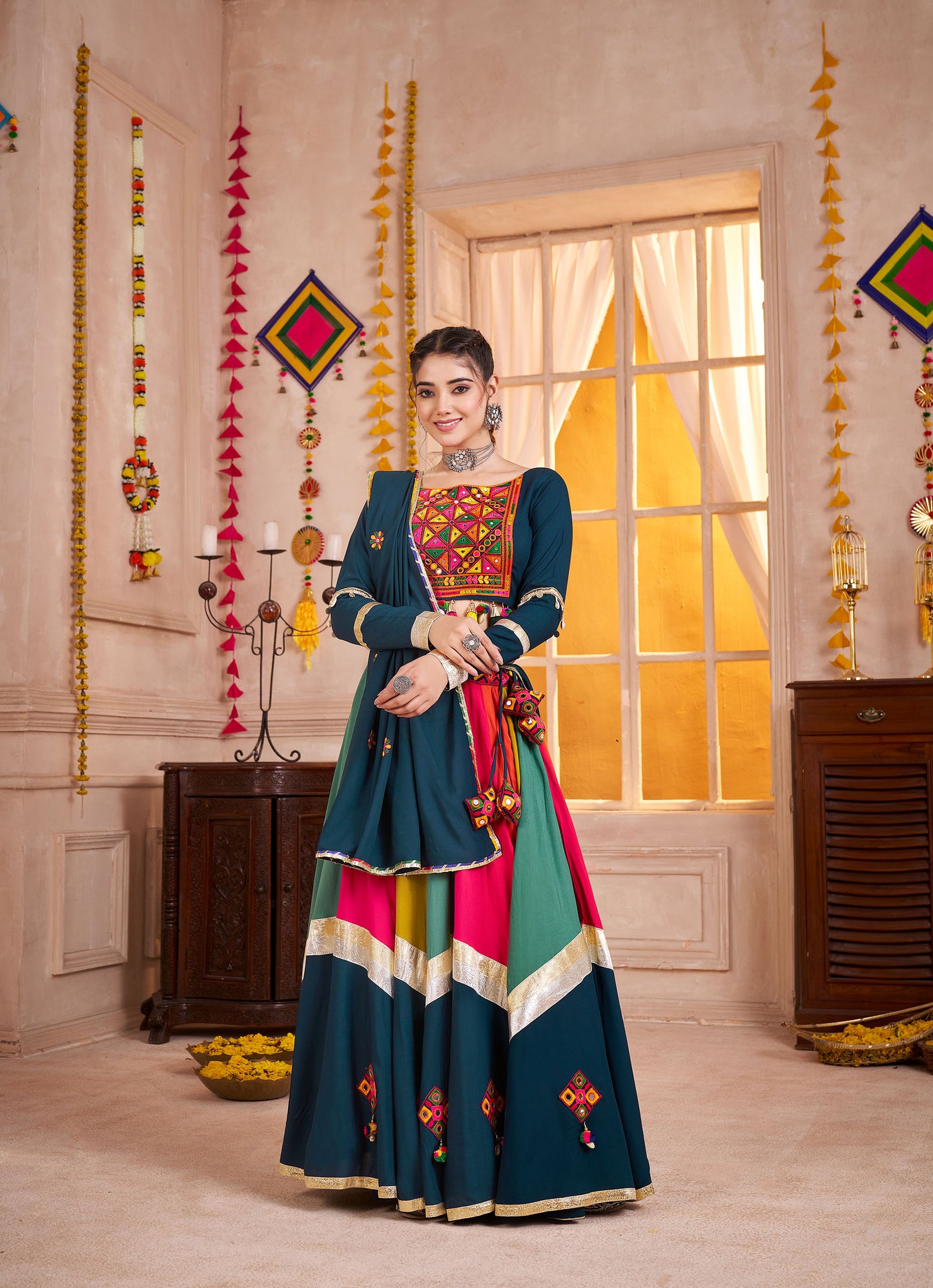 Teal Blue with Multi Color Viscose Cotton Mirror Work Navratri Lehenga