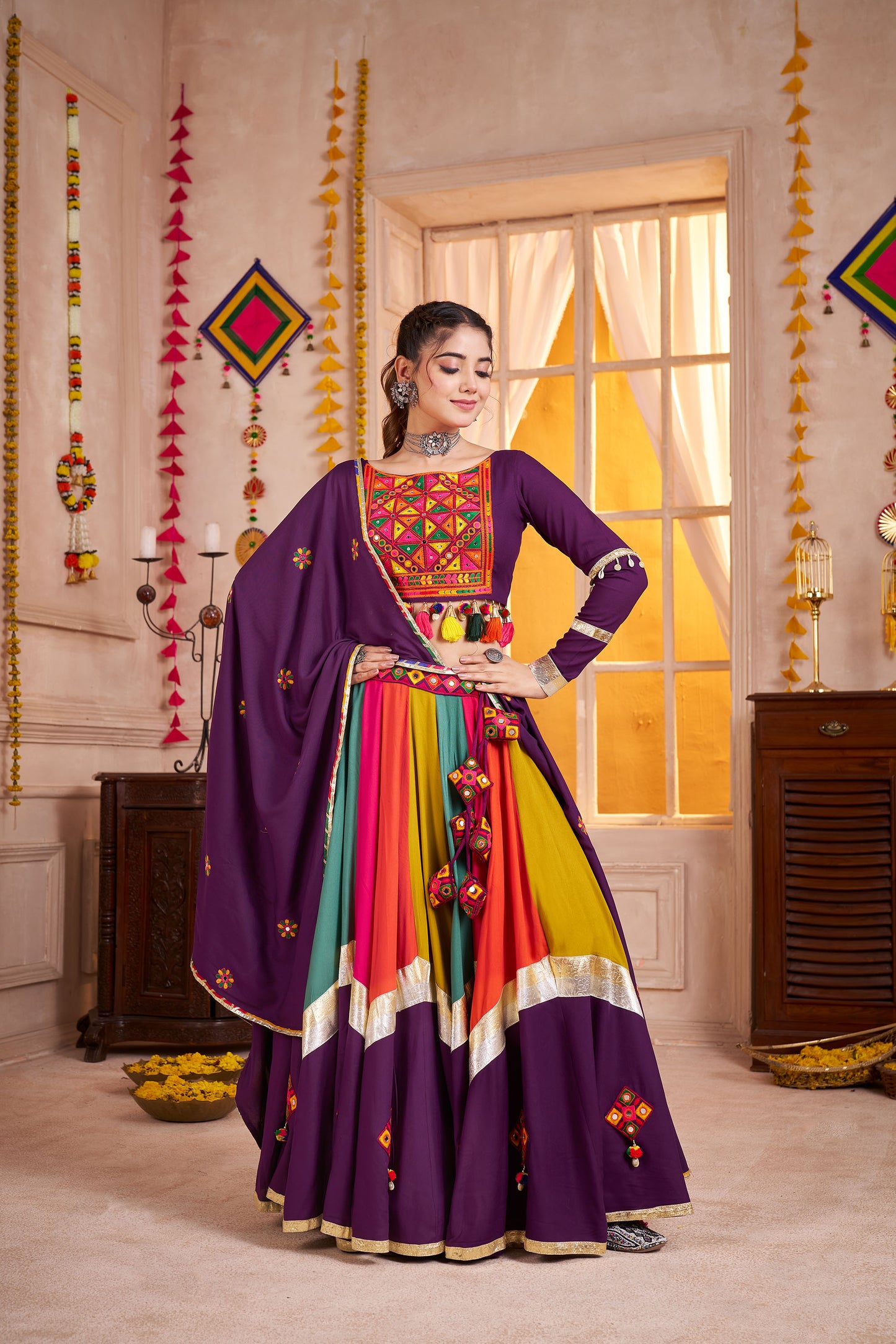 Purple with Multi Color Viscose Cotton Mirror Work Navratri Lehenga