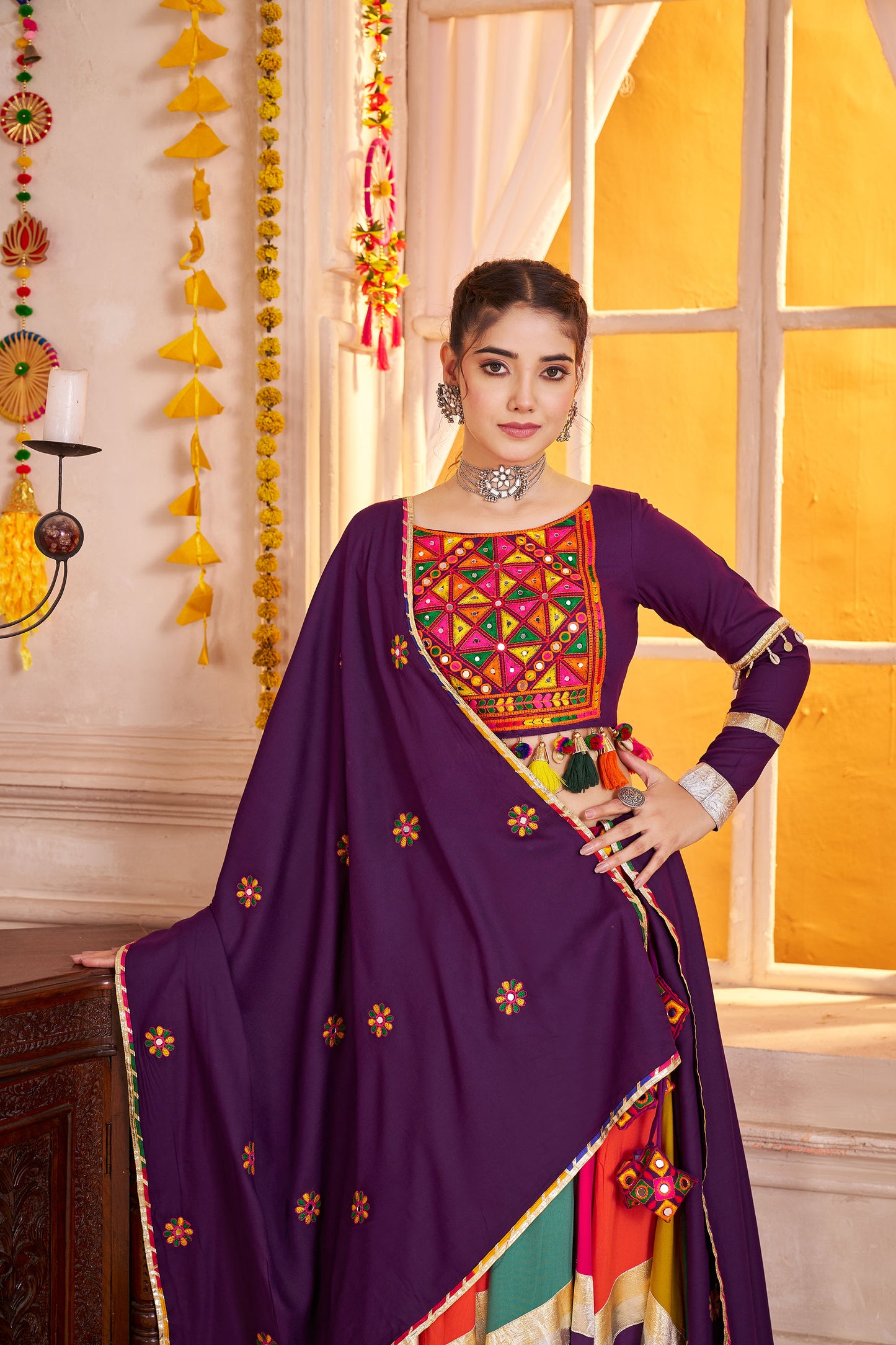 Purple with Multi Color Viscose Cotton Mirror Work Navratri Lehenga