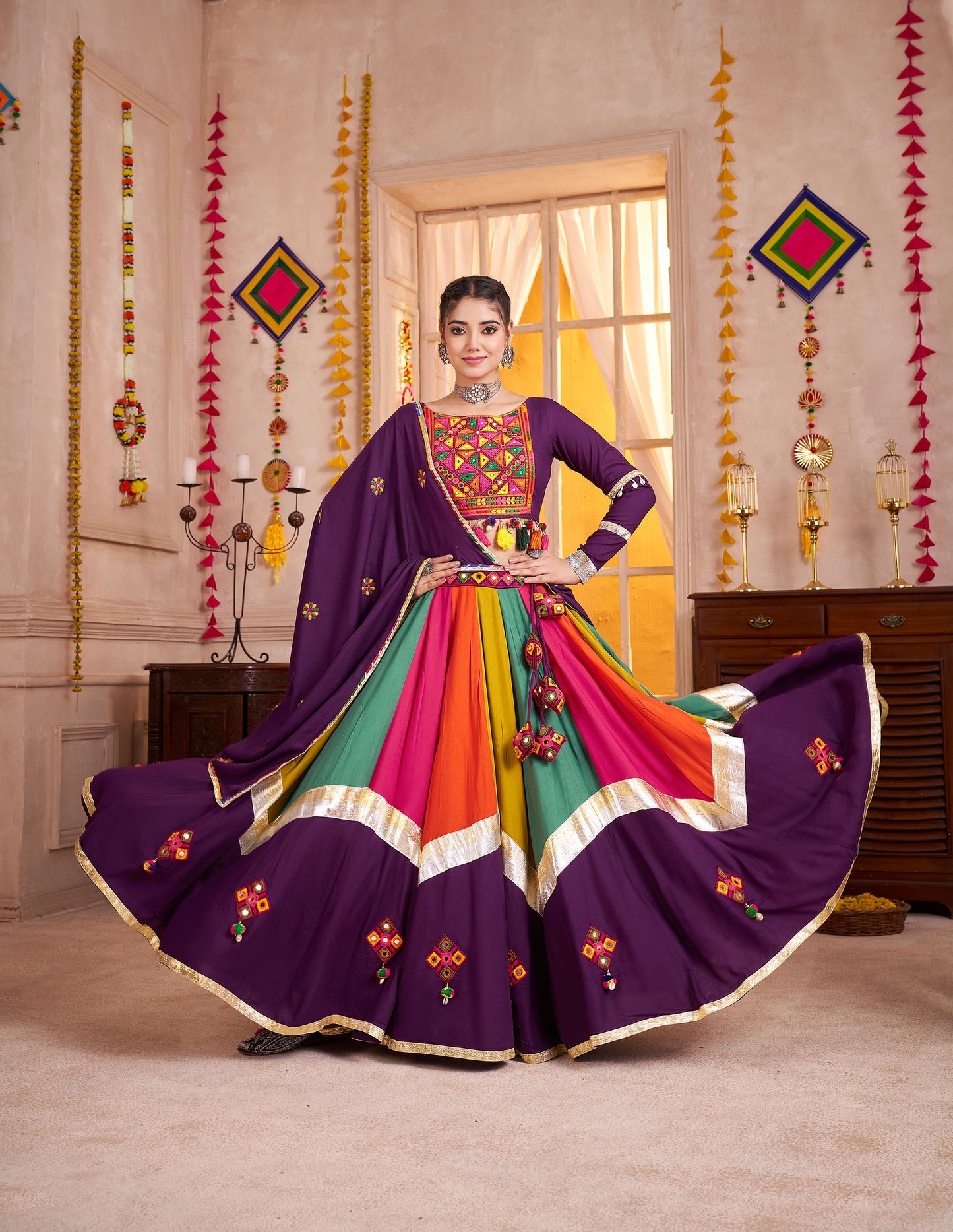 Purple with Multi Color Viscose Cotton Mirror Work Navratri Lehenga