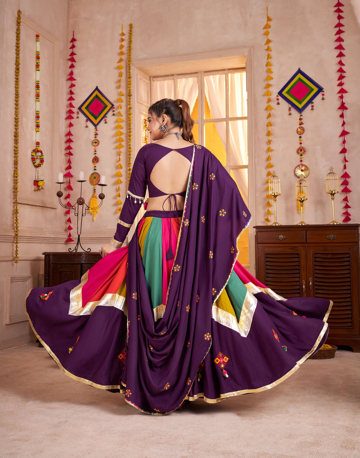 Purple with Multi Color Viscose Cotton Mirror Work Navratri Lehenga