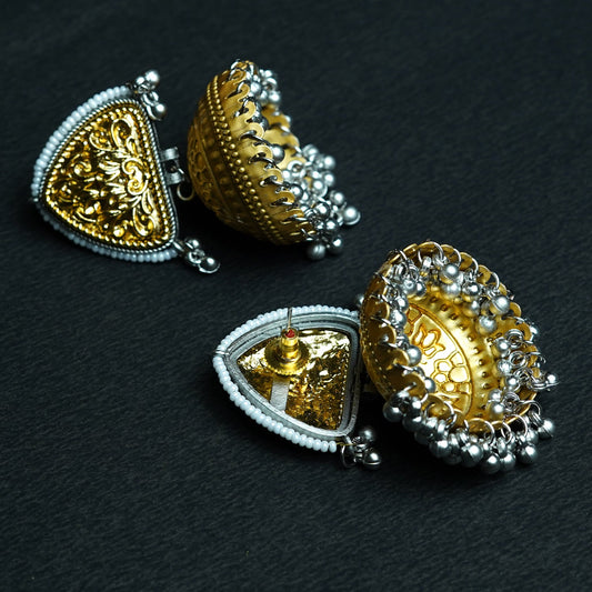 Zevar Club Oxidised Dual-Toned Gold & Silver Triangle Jhumka Earrings with Silver Ghungroo Beads