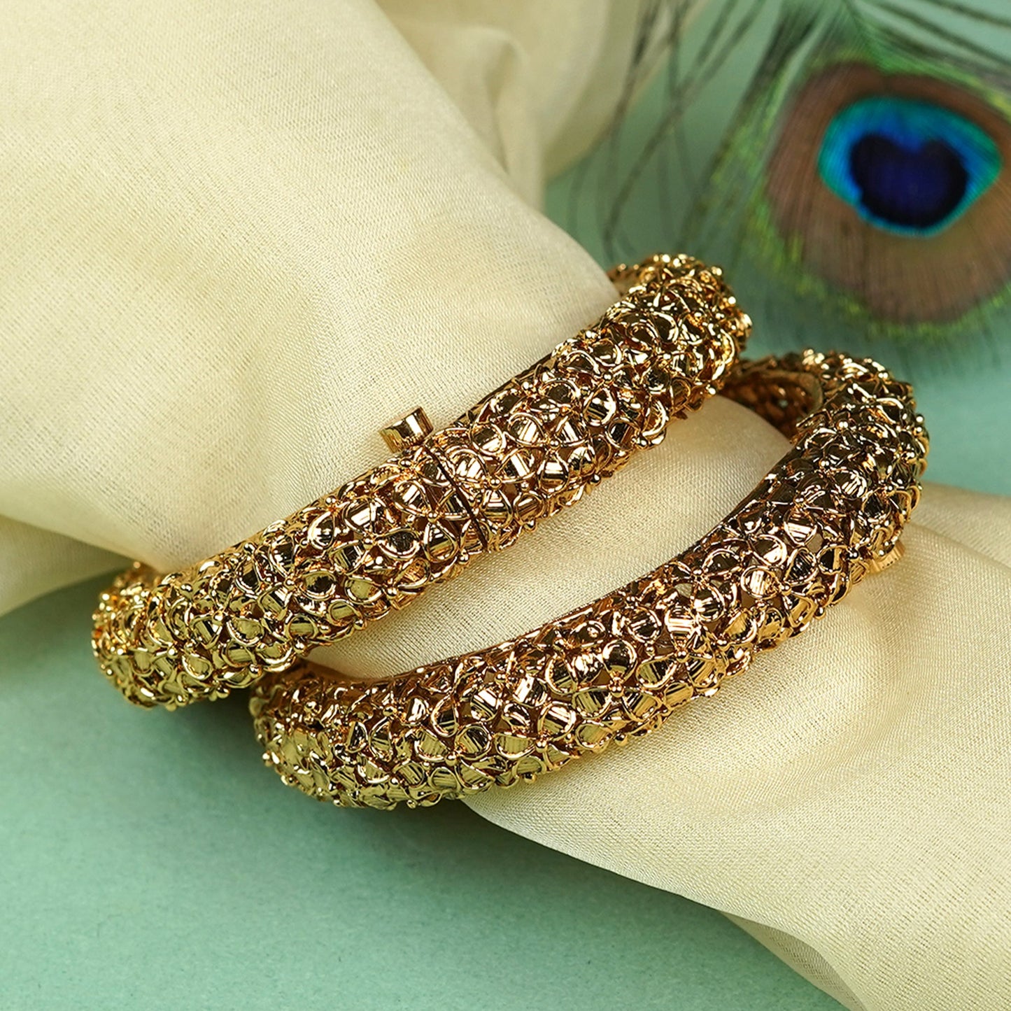 Zevar Club Set of 2 22K Gold-Plated Floral Textured Bangles with Light Golden Stone Studded Design for Women