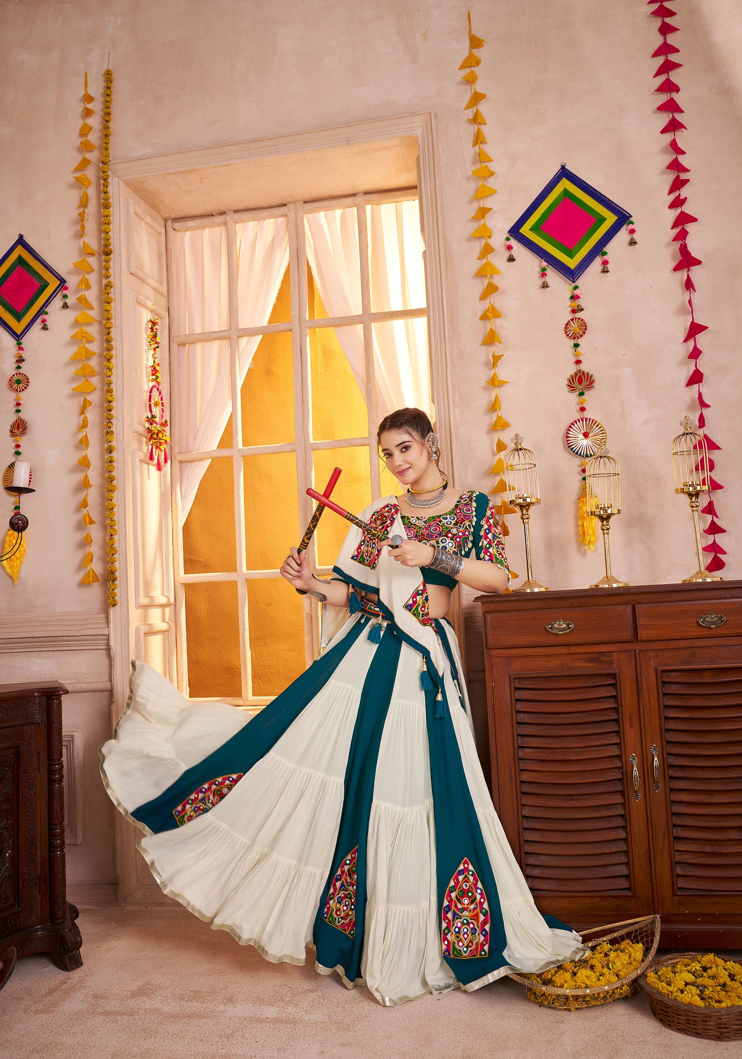 White & Blue Color Viscose Cotton Kutchi Patch & Mirror Work Navratri Lehenga