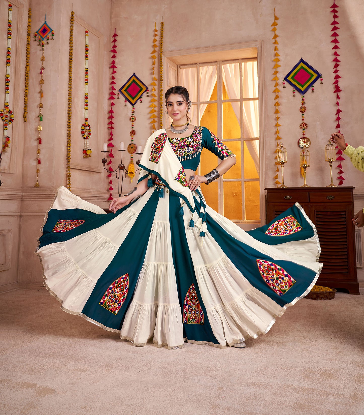White & Blue Color Viscose Cotton Kutchi Patch & Mirror Work Navratri Lehenga