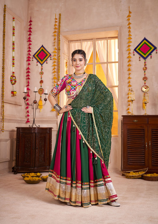 Pink & Green Color Viscose Cotton Kutchi Patch & Mirror Work Navratri Lehenga