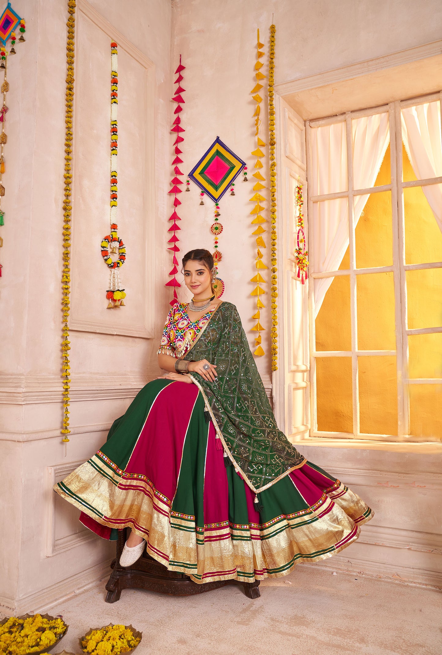 Pink & Green Color Viscose Cotton Kutchi Patch & Mirror Work Navratri Lehenga
