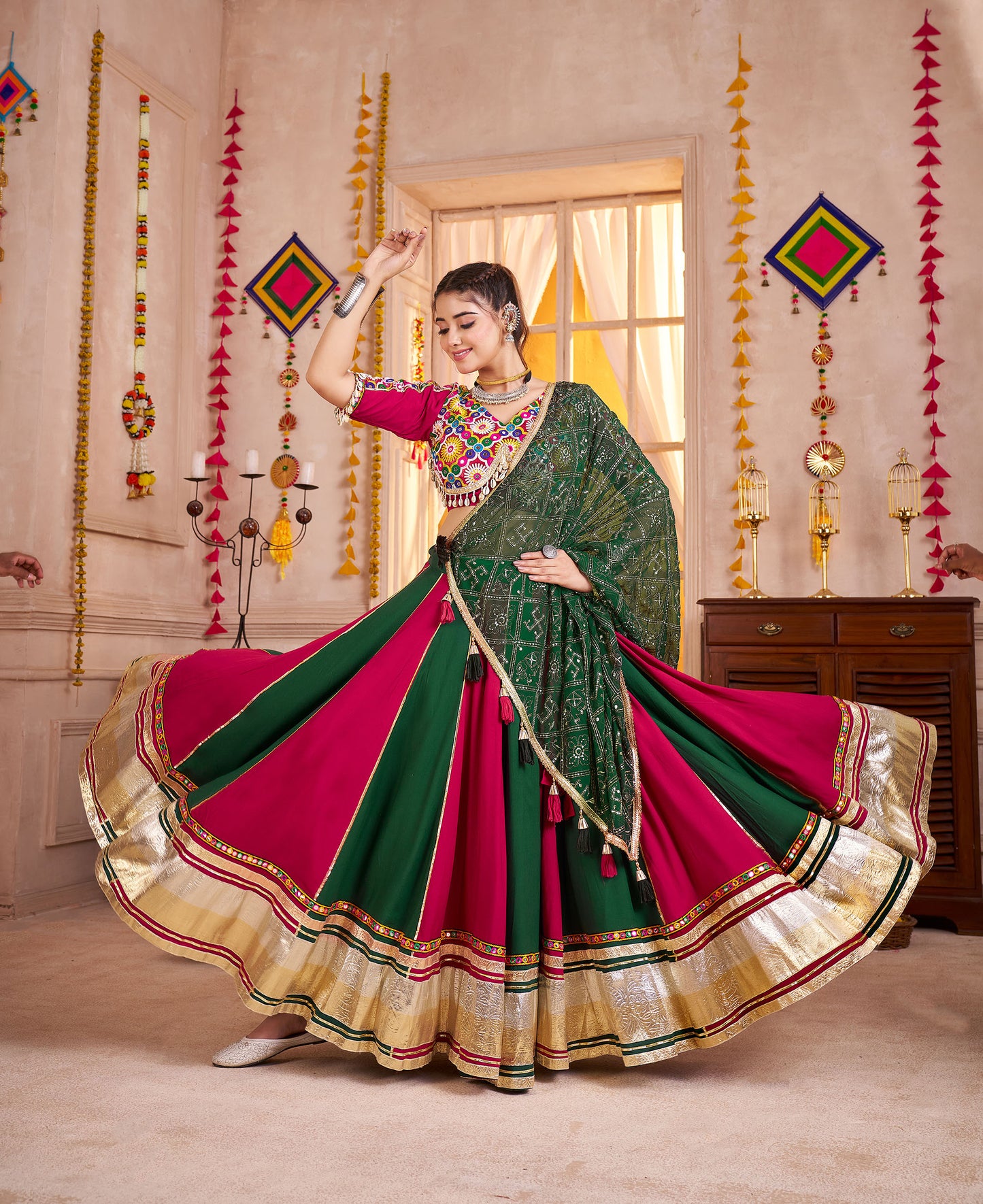 Pink & Green Color Viscose Cotton Kutchi Patch & Mirror Work Navratri Lehenga