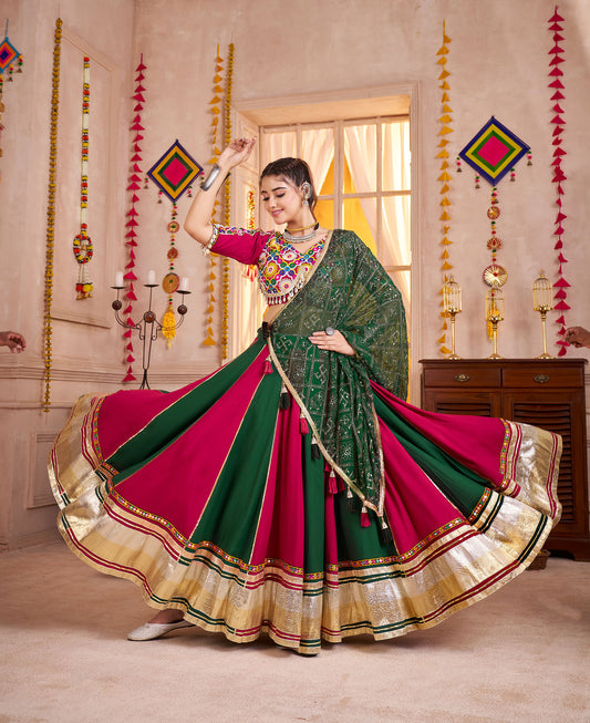 Pink & Green Color Viscose Cotton Kutchi Patch & Mirror Work Navratri Lehenga
