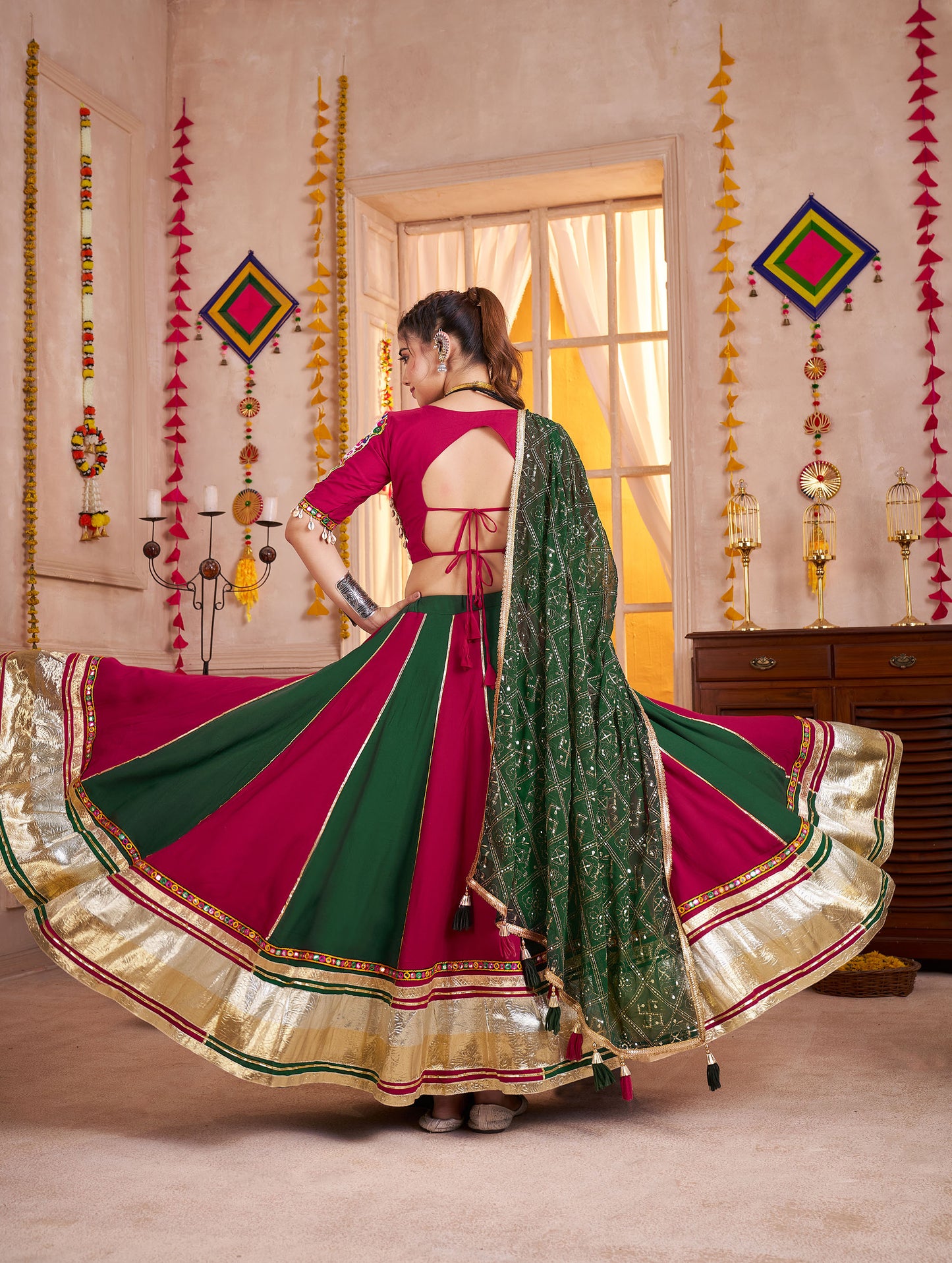 Pink & Green Color Viscose Cotton Kutchi Patch & Mirror Work Navratri Lehenga