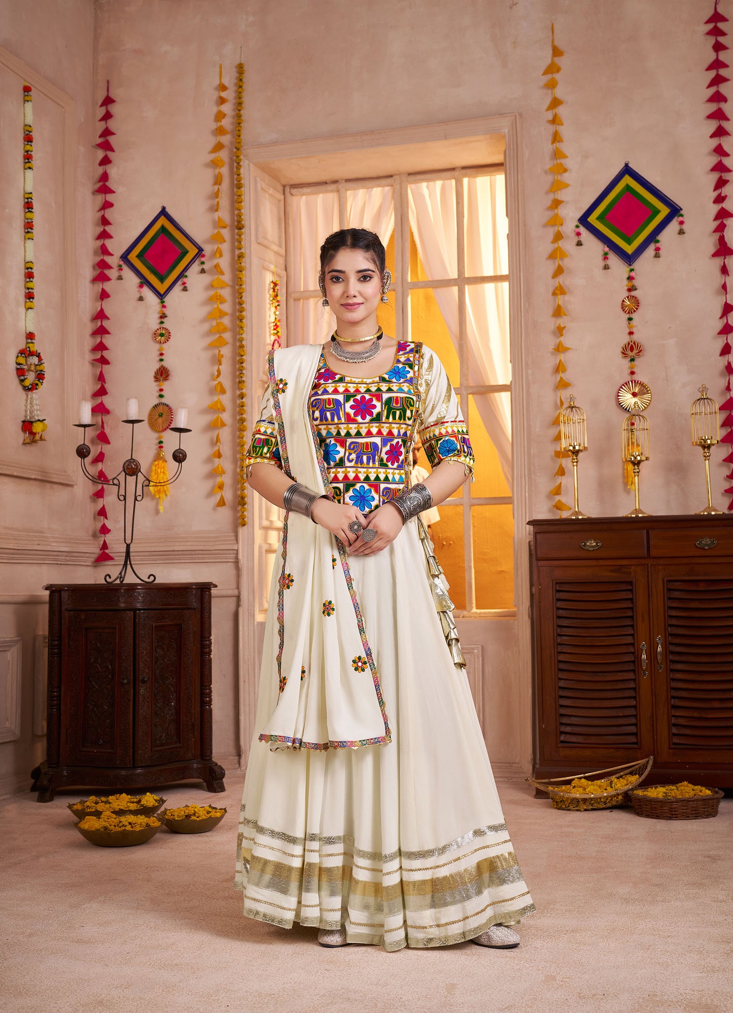 White Viscose Cotton Kutchi Patch & Mirror Work Navratri Lehenga
