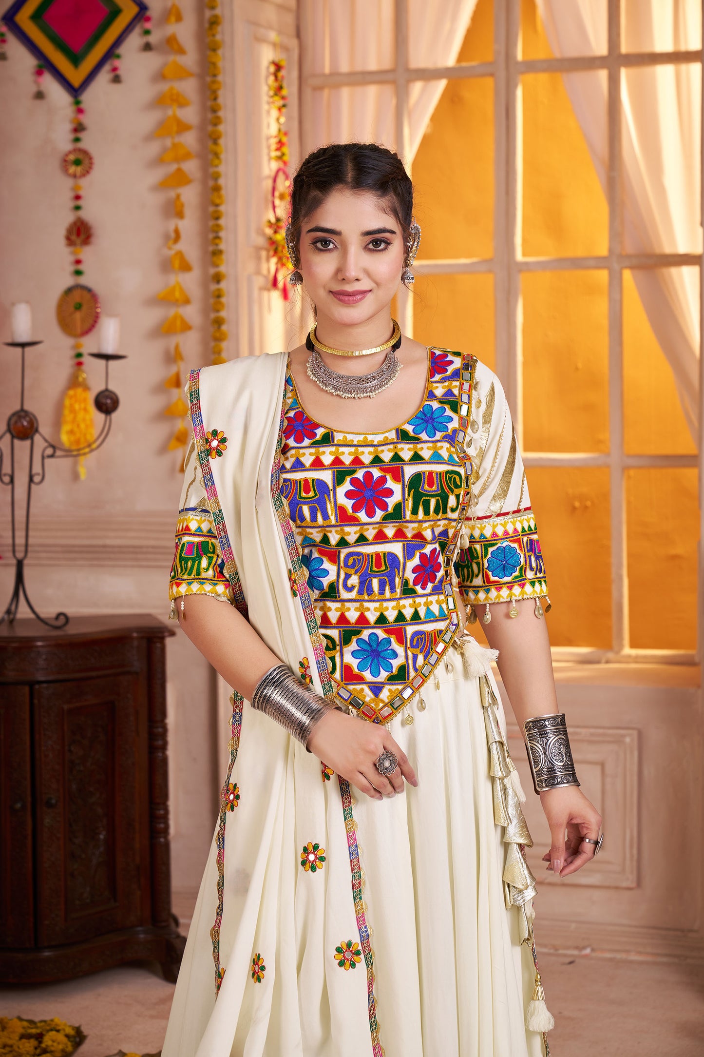 White Viscose Cotton Kutchi Patch & Mirror Work Navratri Lehenga