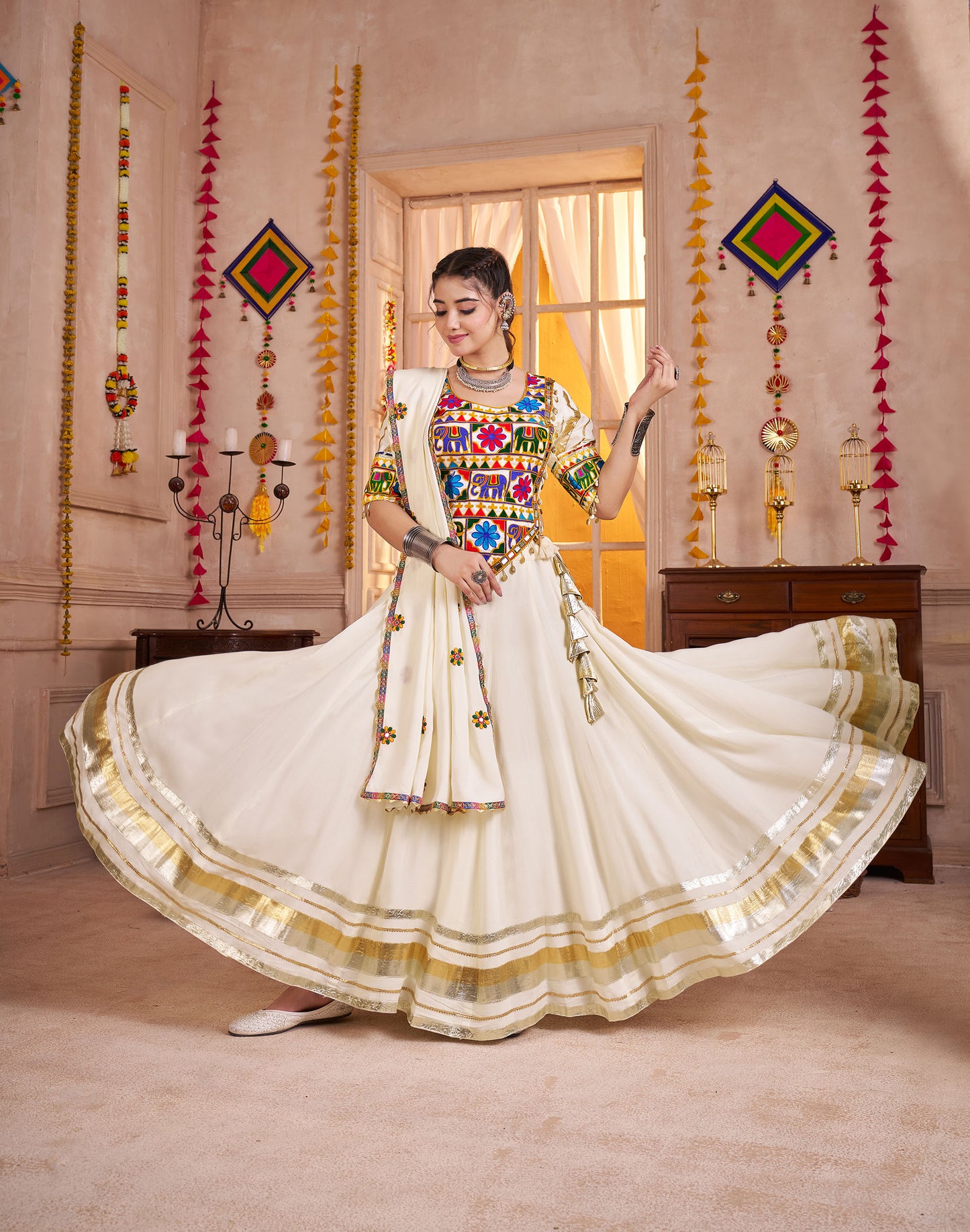 White Viscose Cotton Kutchi Patch & Mirror Work Navratri Lehenga