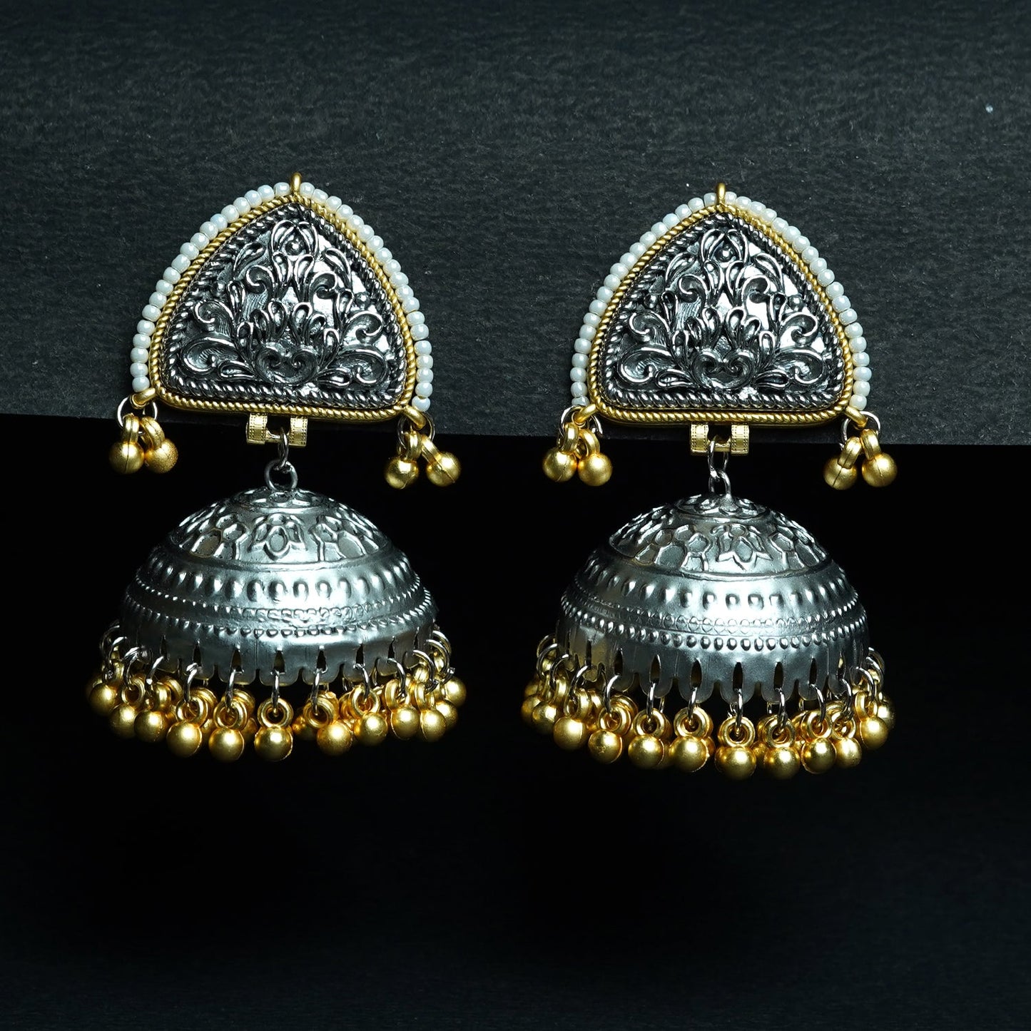 Zevar Club Oxidised Dual-Toned Silver & Gold Jhumka Earrings with Golden Ghungroo Beads