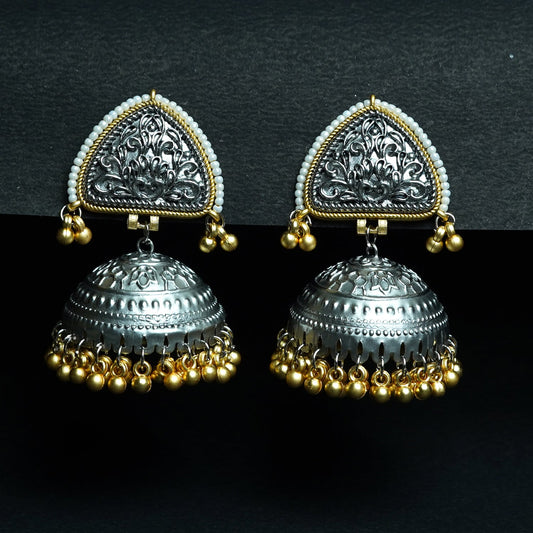 Zevar Club Oxidised Dual-Toned Silver & Gold Jhumka Earrings with Golden Ghungroo Beads