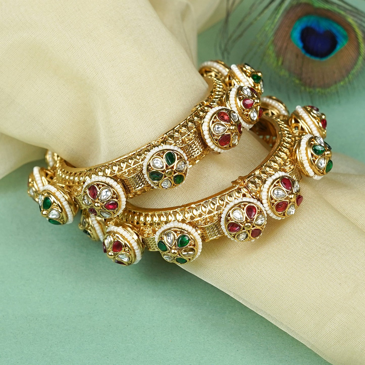 Zevar Club Set of 2 Gold Tone Royal Statement Bangles with Ruby Red Emerald Green Kundan Stones & Pearl Beaded Detailing for Women
