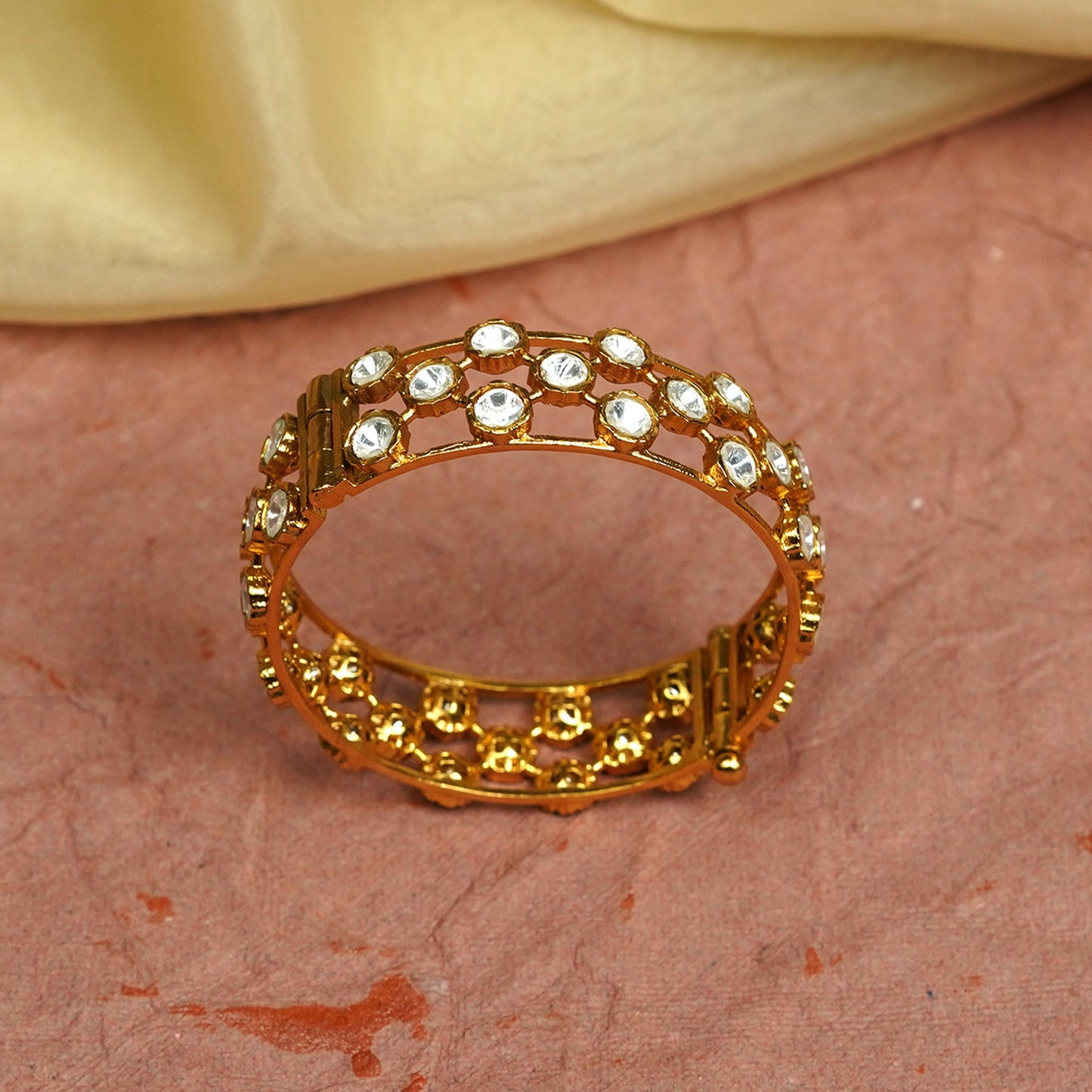 Zevar Club 22K Gold-Plated Handcrafted White Kundan Studded Openable Bangle-Style Bracelet