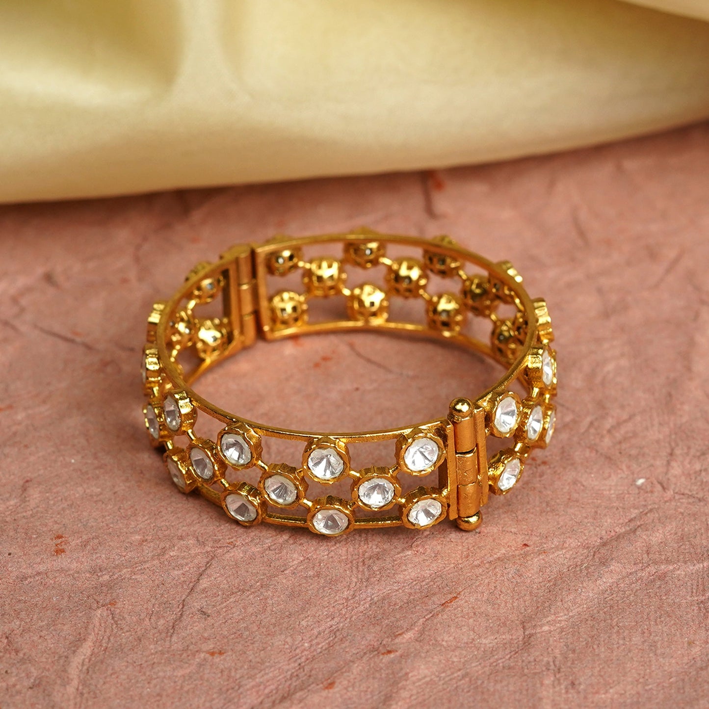Zevar Club 22K Gold-Plated Handcrafted White Kundan Studded Openable Bangle-Style Bracelet