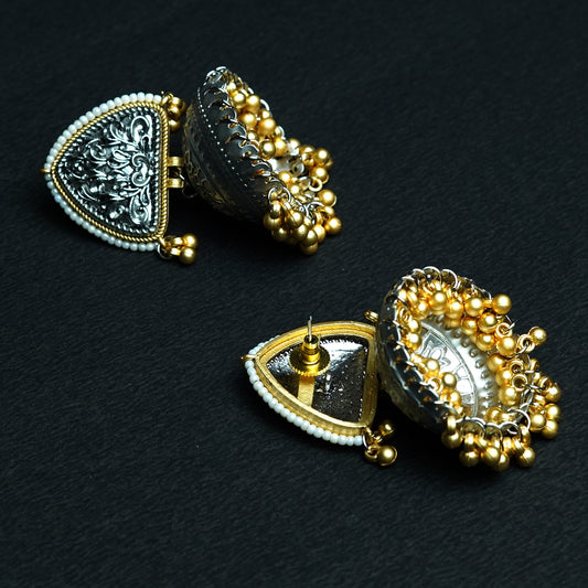 Zevar Club Oxidised Dual-Toned Silver & Gold Jhumka Earrings with Golden Ghungroo Beads