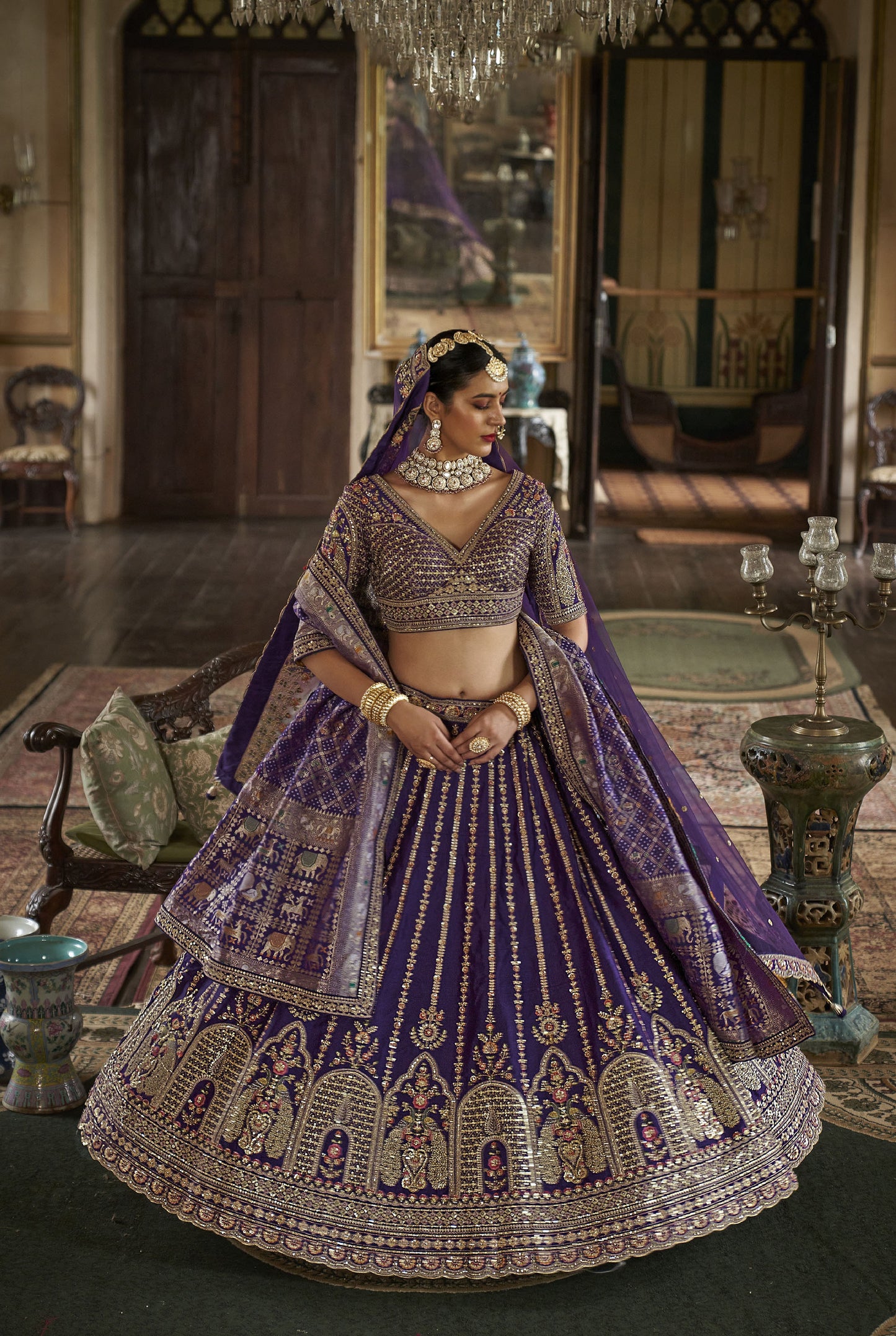 Violet Banarasi Silk Sequins & Zari Embroidery Bridal Lehenga
