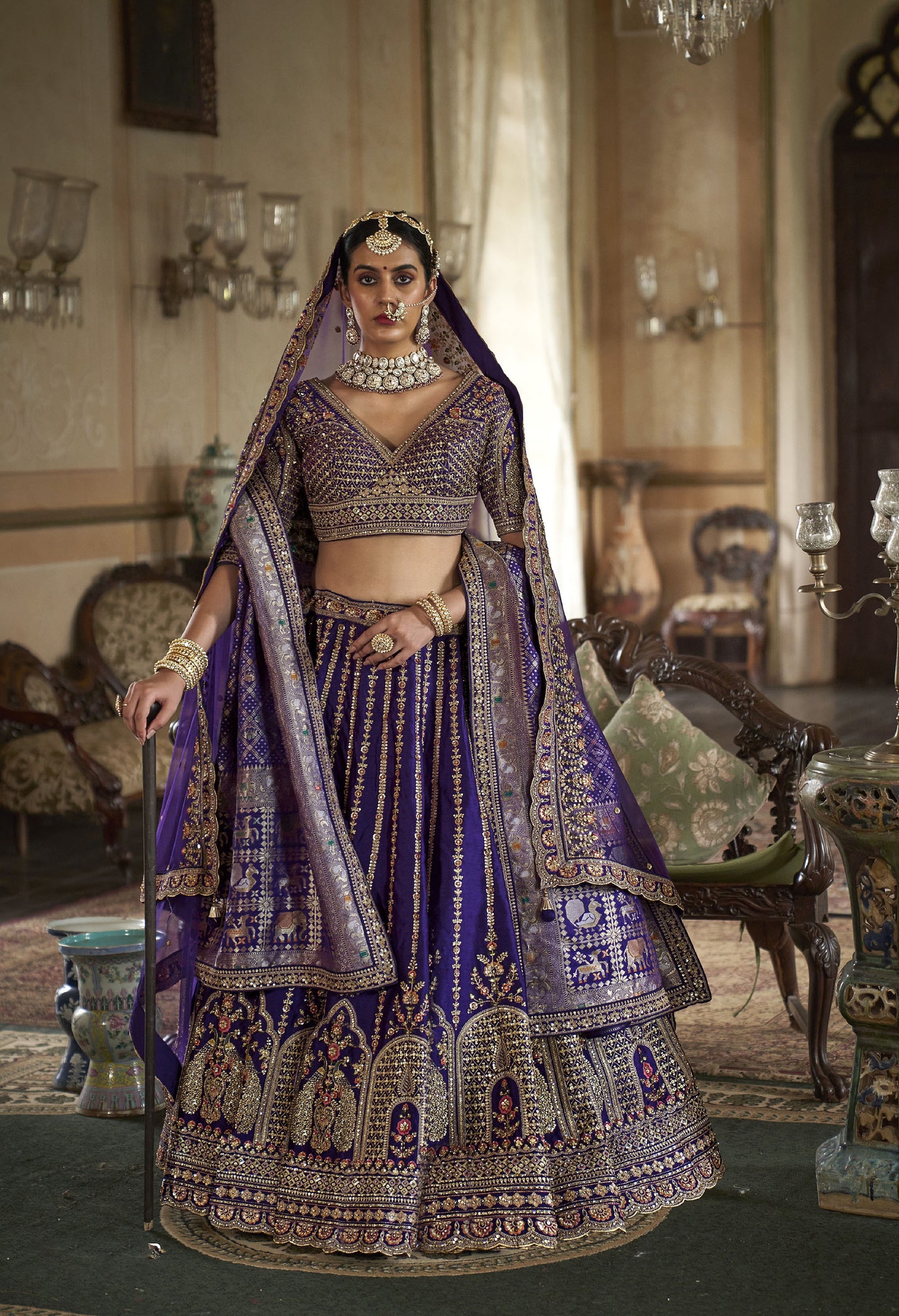 Violet Banarasi Silk Sequins & Zari Embroidery Bridal Lehenga