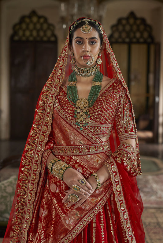 Red Banarasi Silk Sequins & Zari Embroidery Bridal Lehenga
