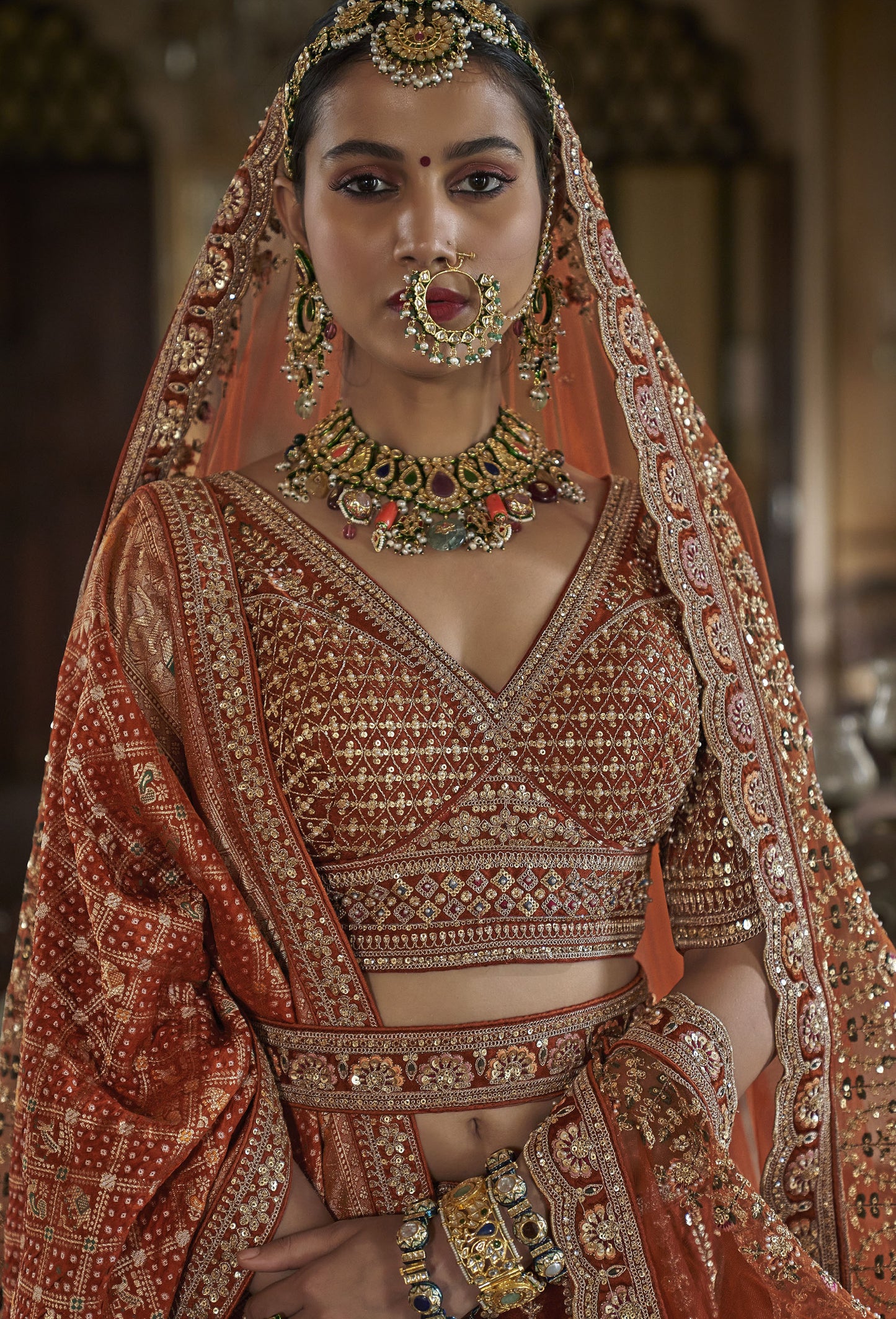 Orange Banarasi Silk Sequins & Zari Embroidery Bridal Lehenga