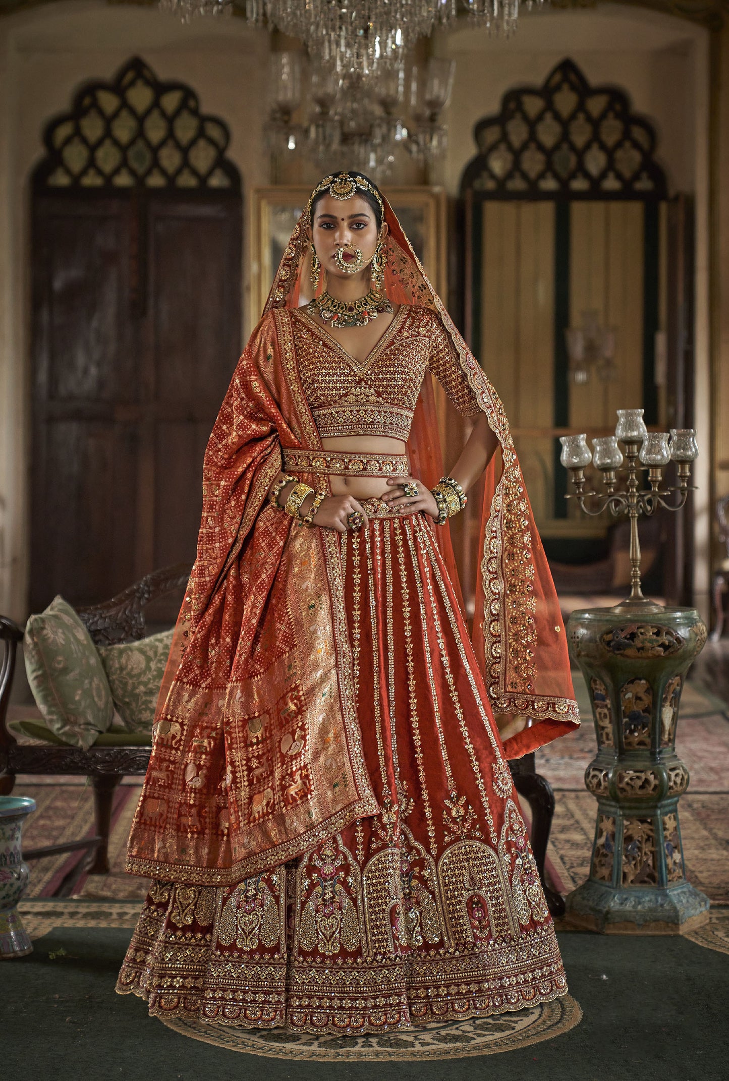 Orange Banarasi Silk Sequins & Zari Embroidery Bridal Lehenga