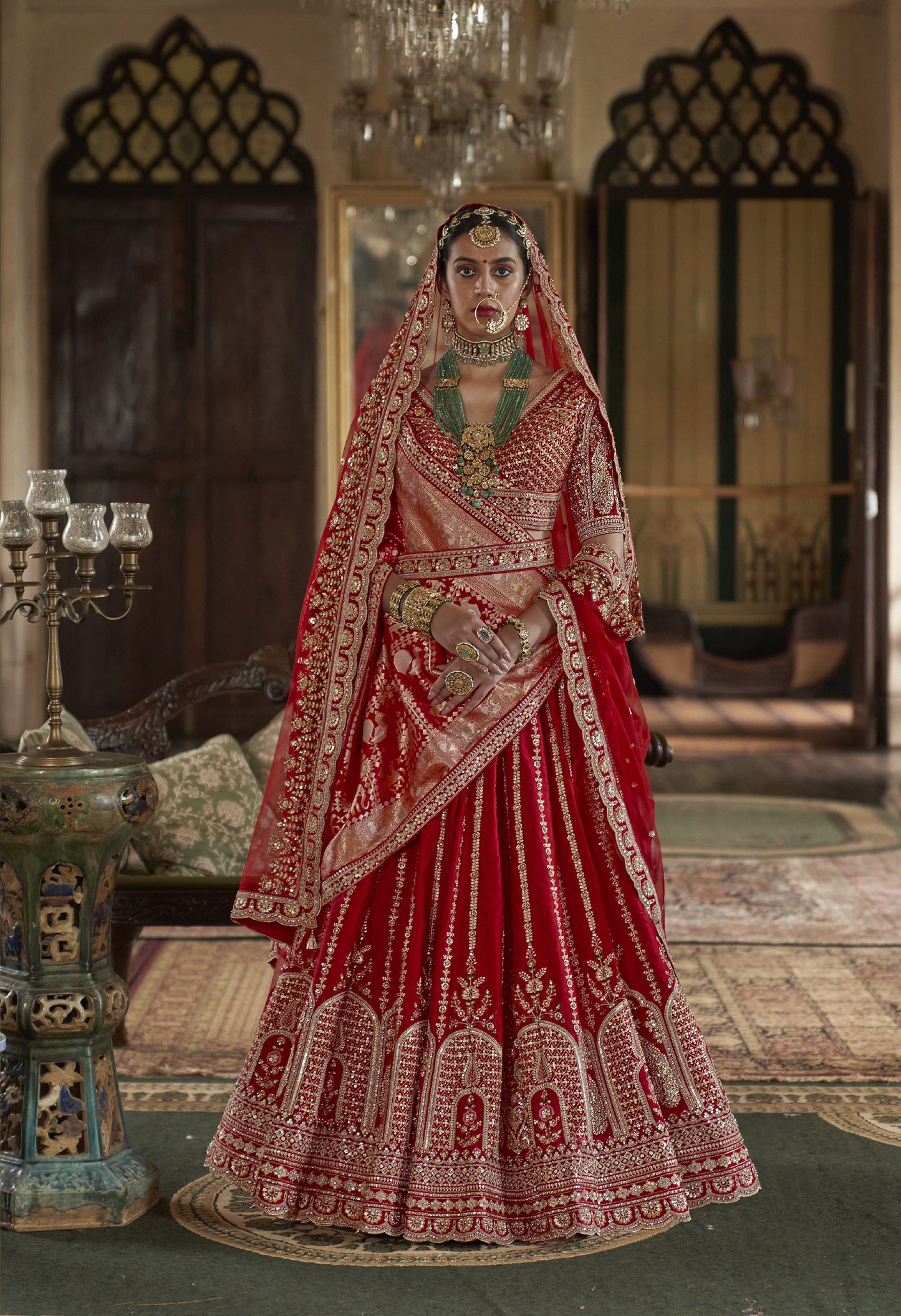 Red Banarasi Silk Sequins & Zari Embroidery Bridal Lehenga