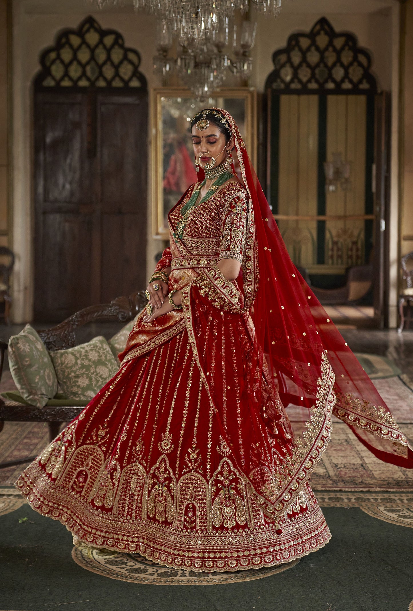 Red Banarasi Silk Sequins & Zari Embroidery Bridal Lehenga