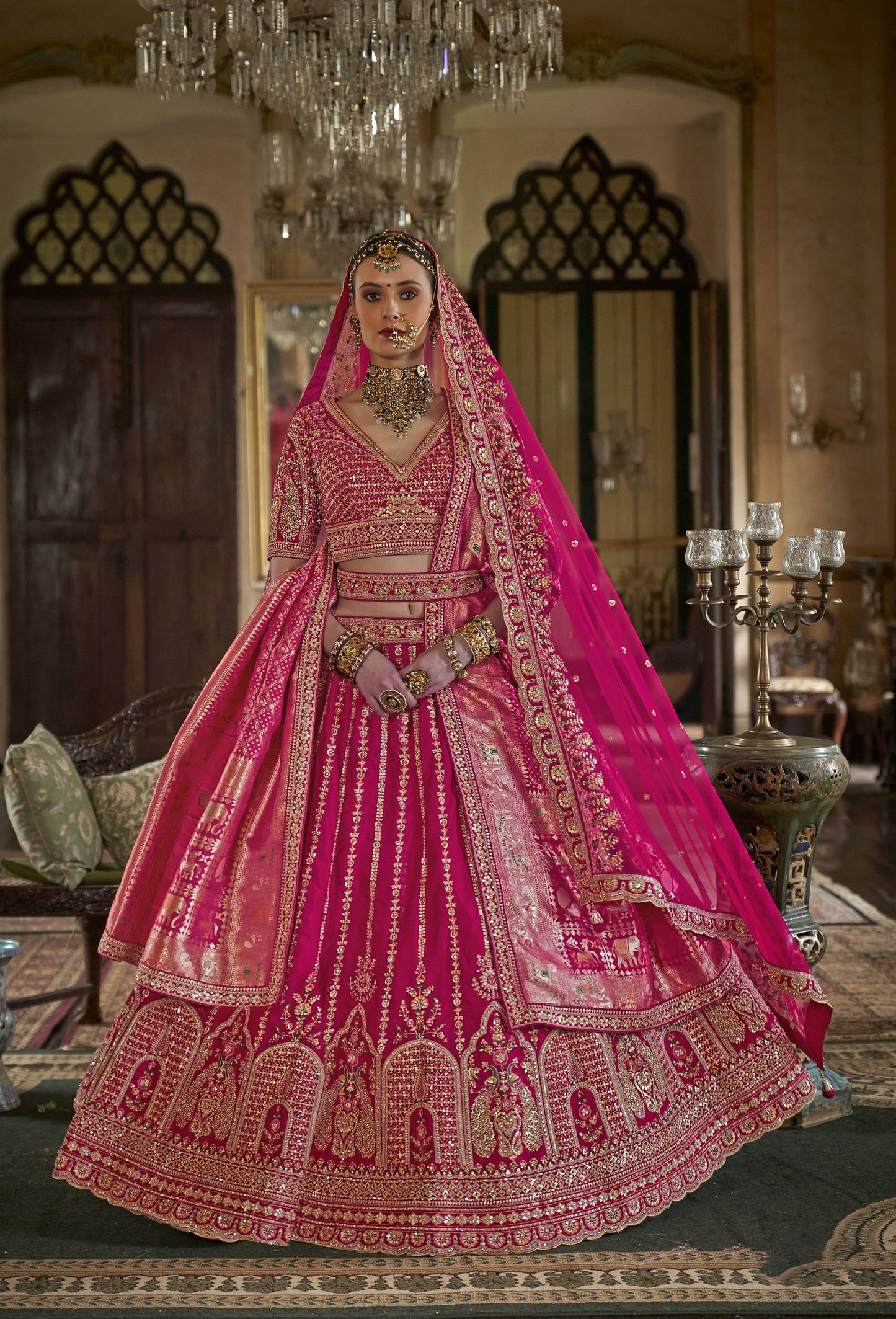 Pink Banarasi Silk Sequins & Zari Embroidery Bridal Lehenga