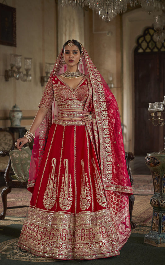 Red Banarasi Silk Heavy Zari Embroidery Bridal Lehenga
