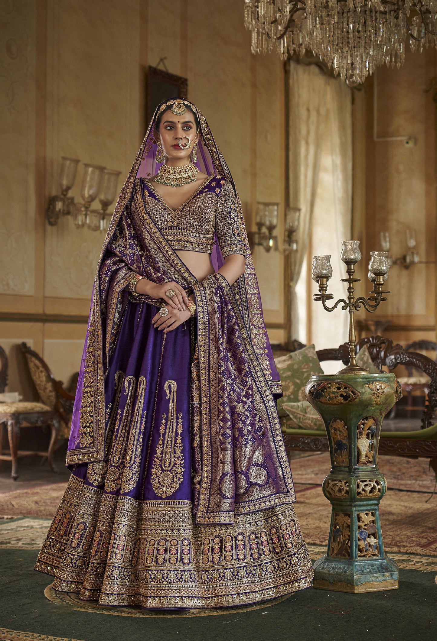Violet Banarasi Silk Heavy Zari Embroidery Bridal Lehenga