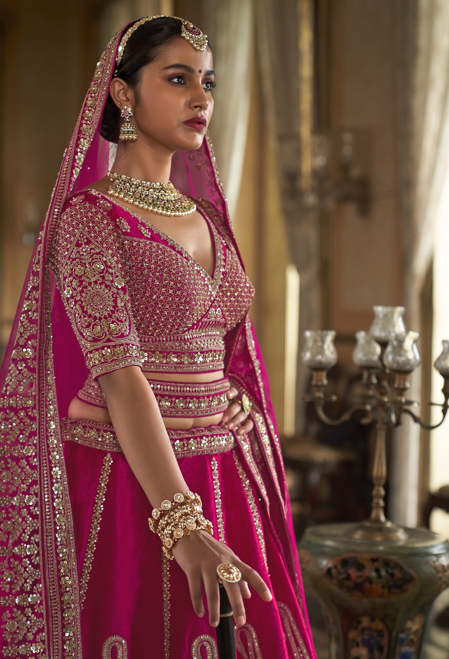 Dark Pink Banarasi Silk Heavy Zari Embroidery Bridal Lehenga