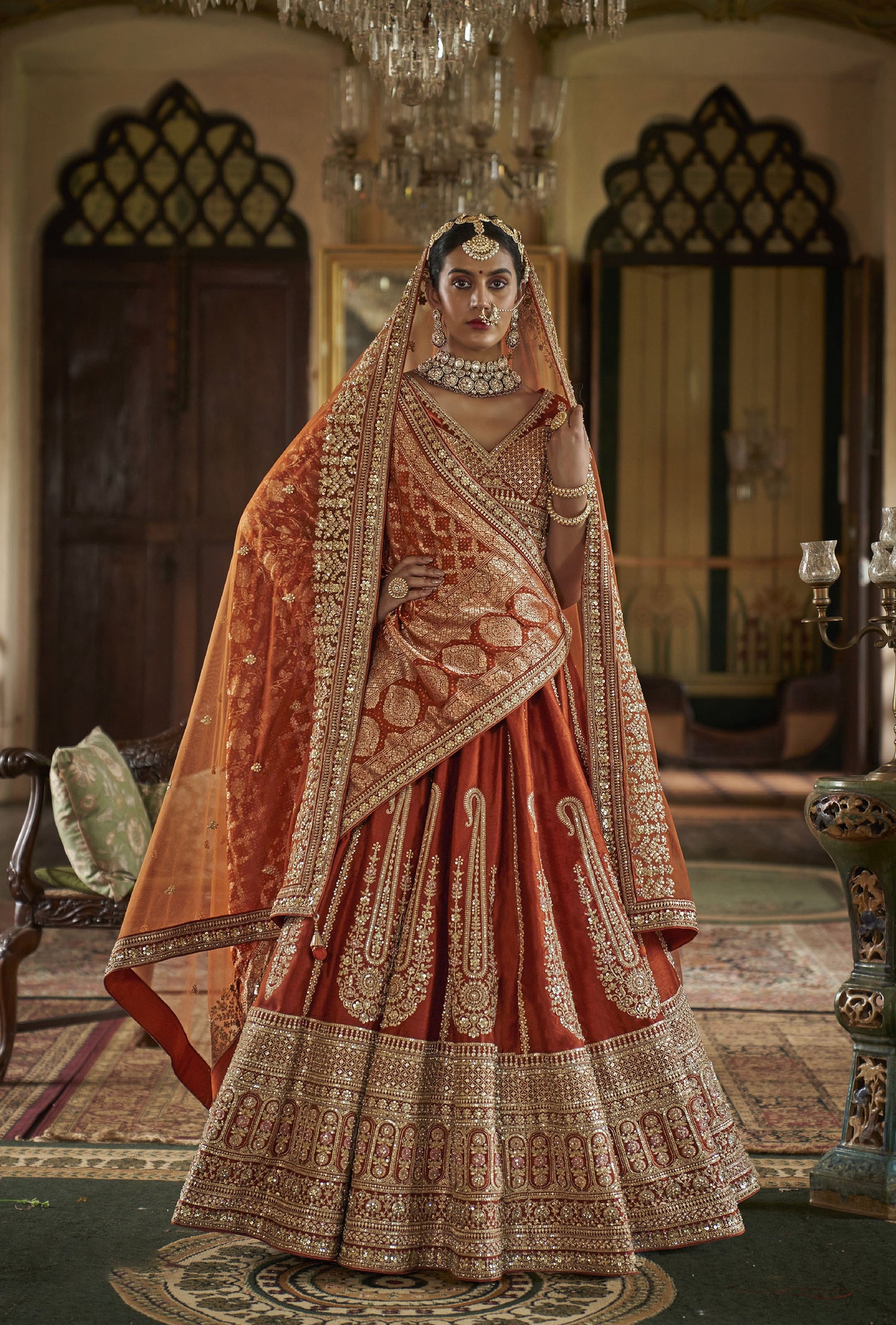 Orange Banarasi Silk Heavy Zari Embroidery Bridal Lehenga